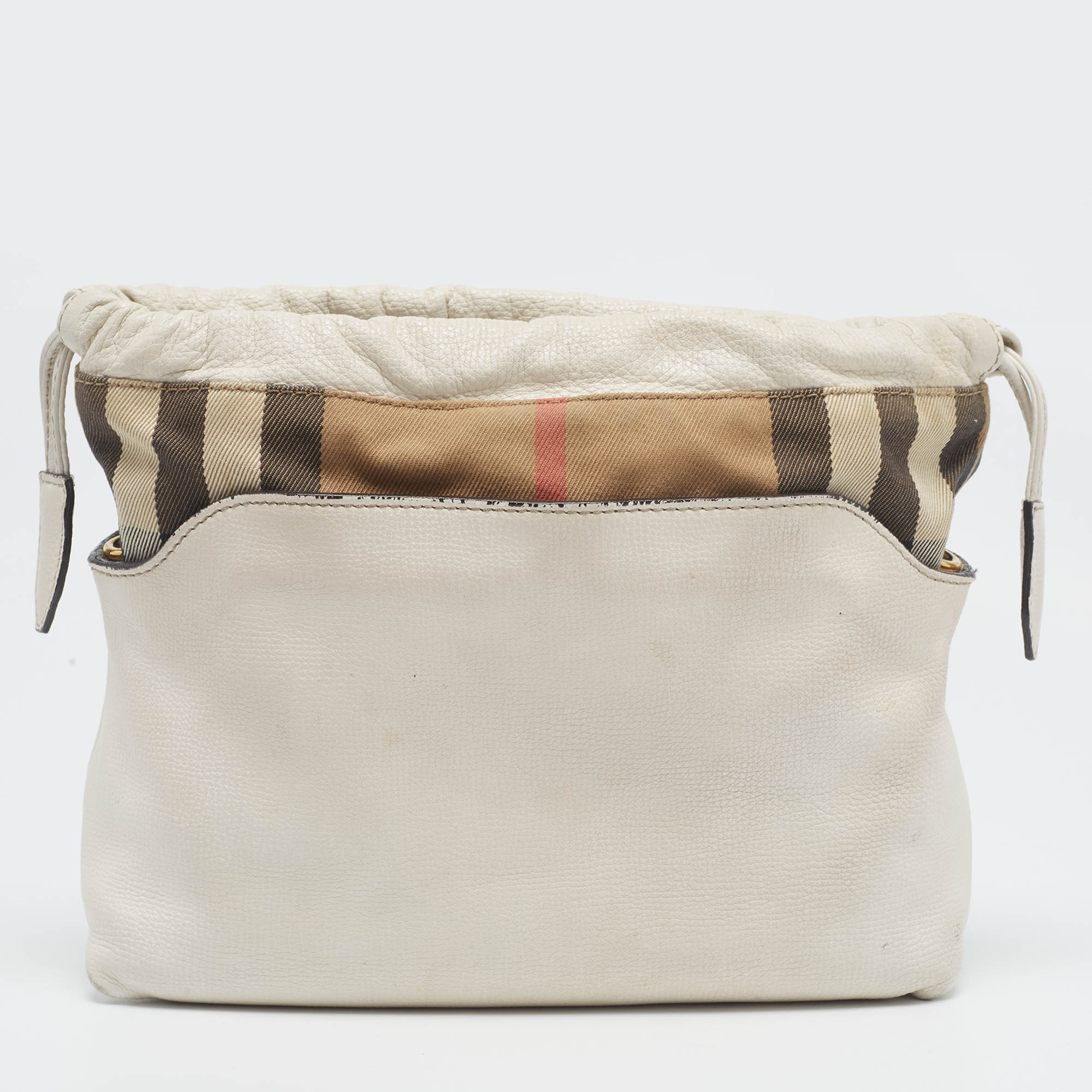 Burberry White/Beige Leather And House Check Canvas Little Crush Crossbody Bag