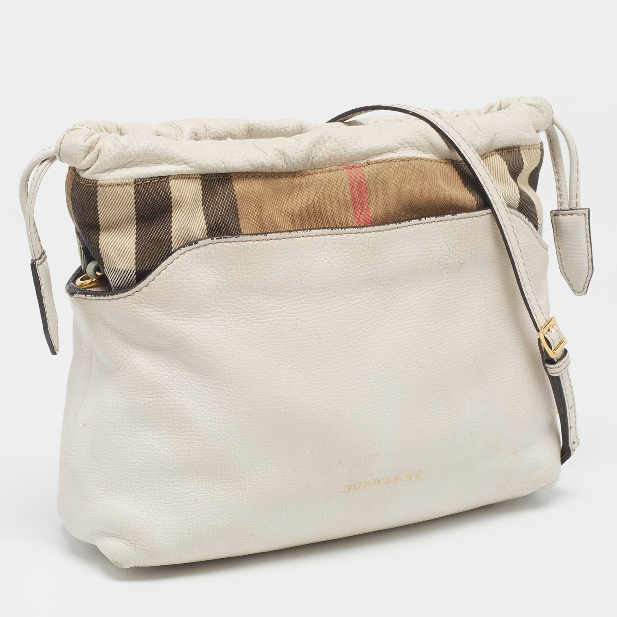 Burberry White/Beige Leather And House Check Canvas Little Crush Crossbody Bag