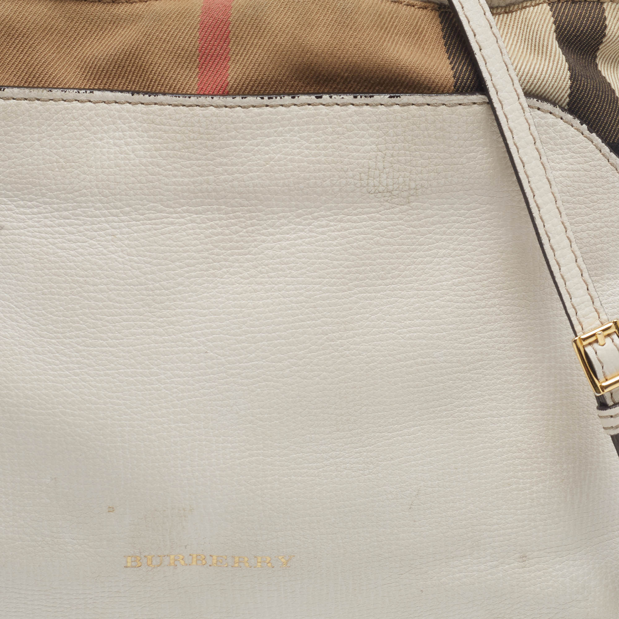 Burberry White/Beige Leather And House Check Canvas Little Crush Crossbody Bag