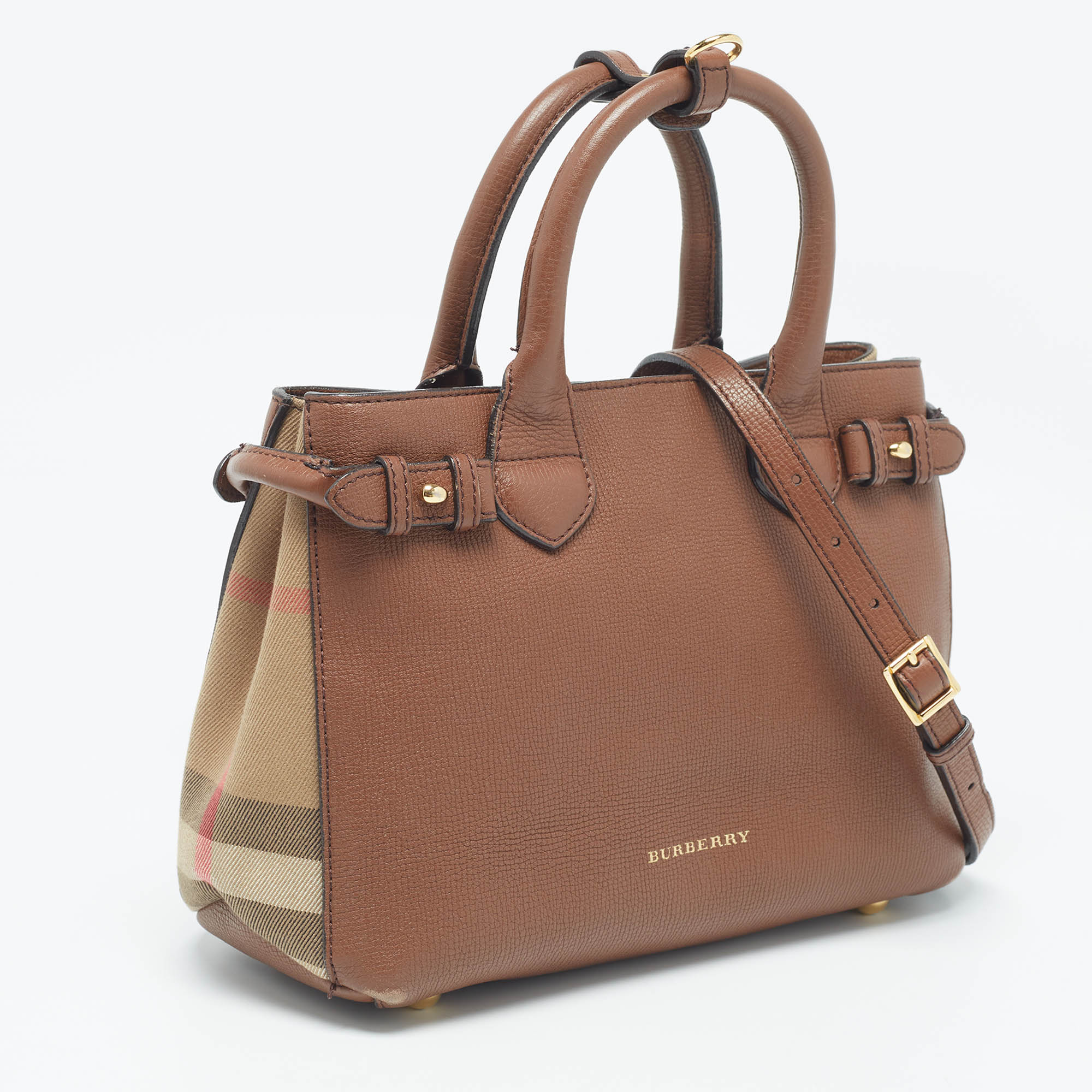 Burberry Brown Leather And House Check Fabric Small Banner Tote