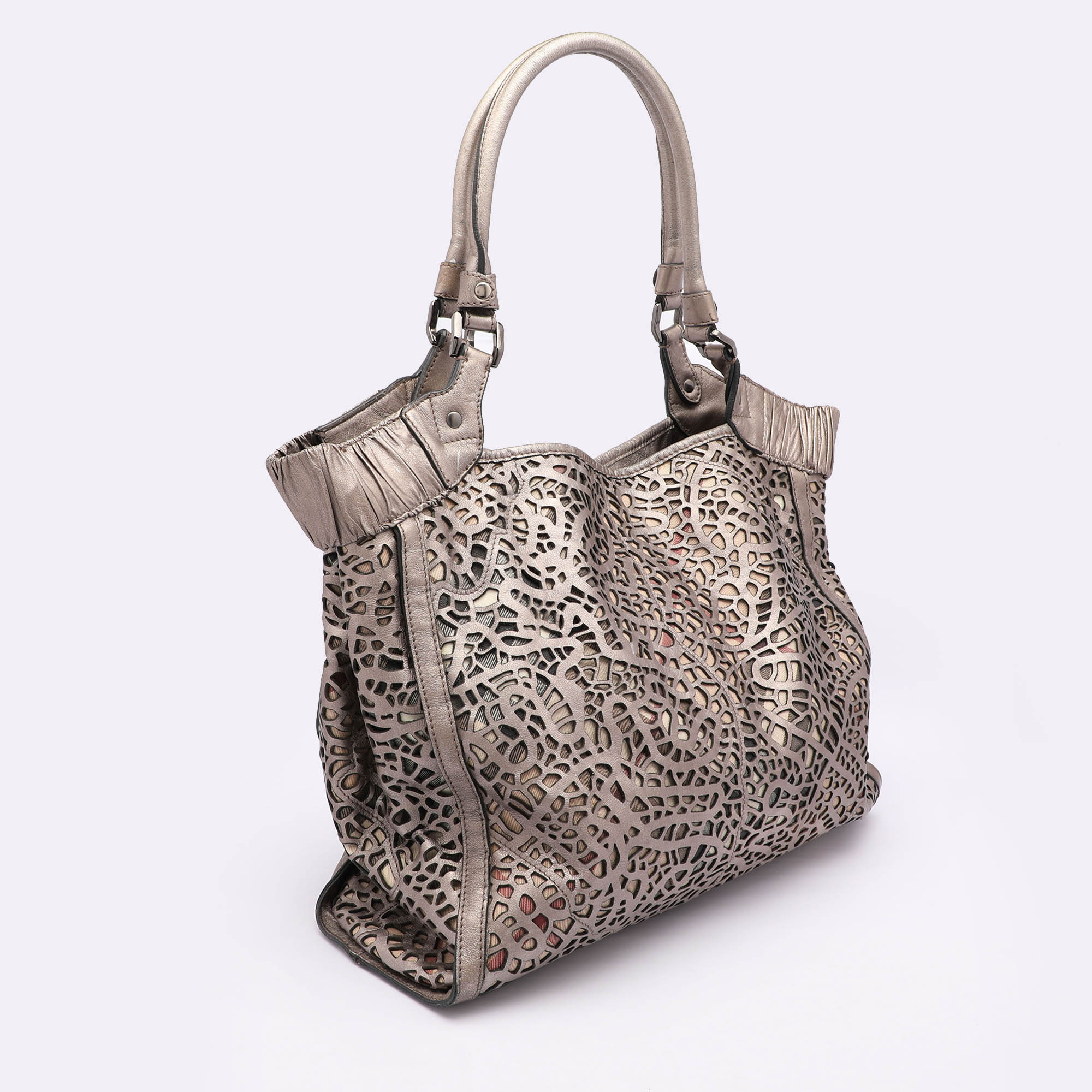 Burberry Metallic Taupe Laser Cut Leather And Coated Canvas Tote