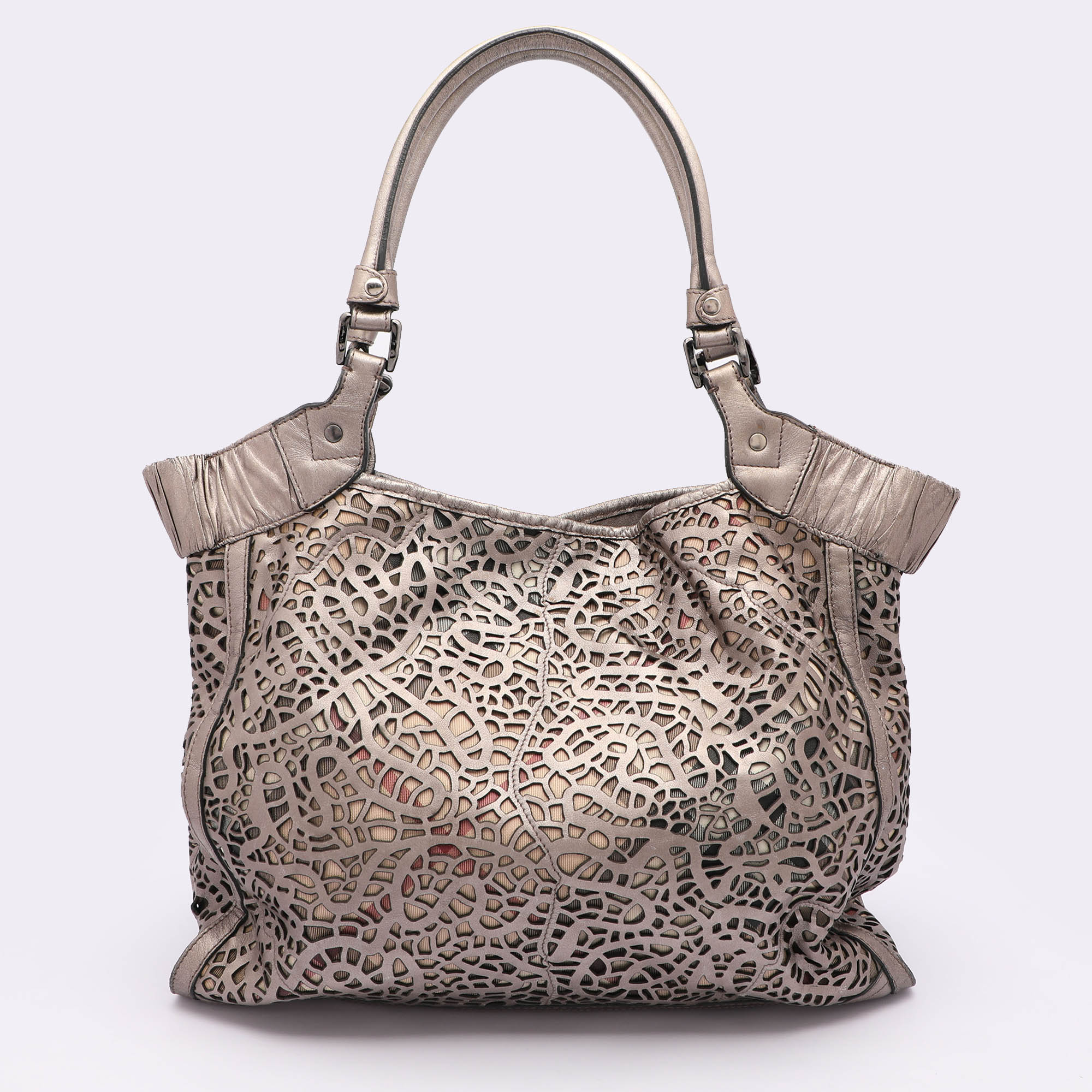 Burberry Metallic Taupe Laser Cut Leather And Coated Canvas Tote