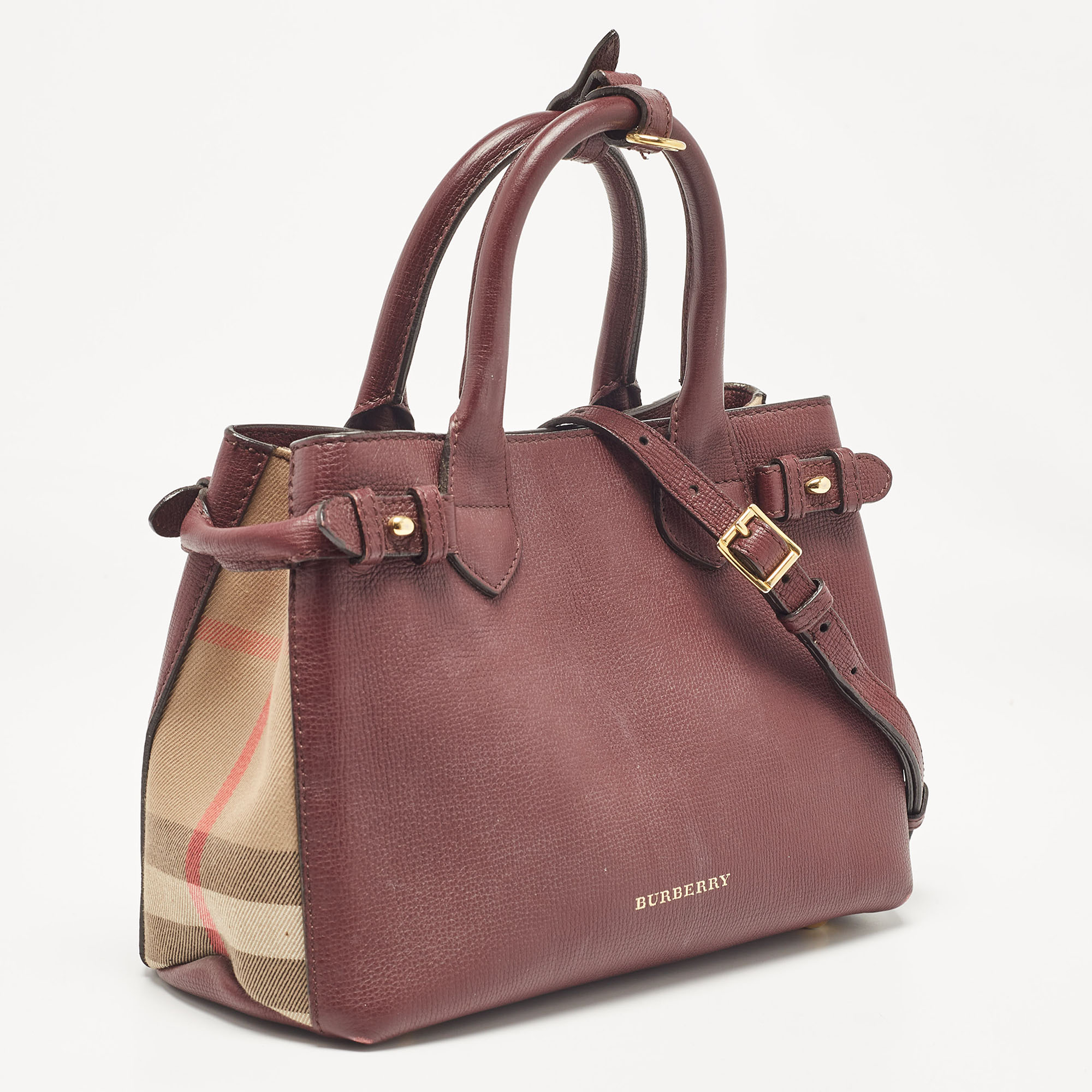 Burberry Burgundy/Beige Leather And House Check Fabric Small Banner Tote