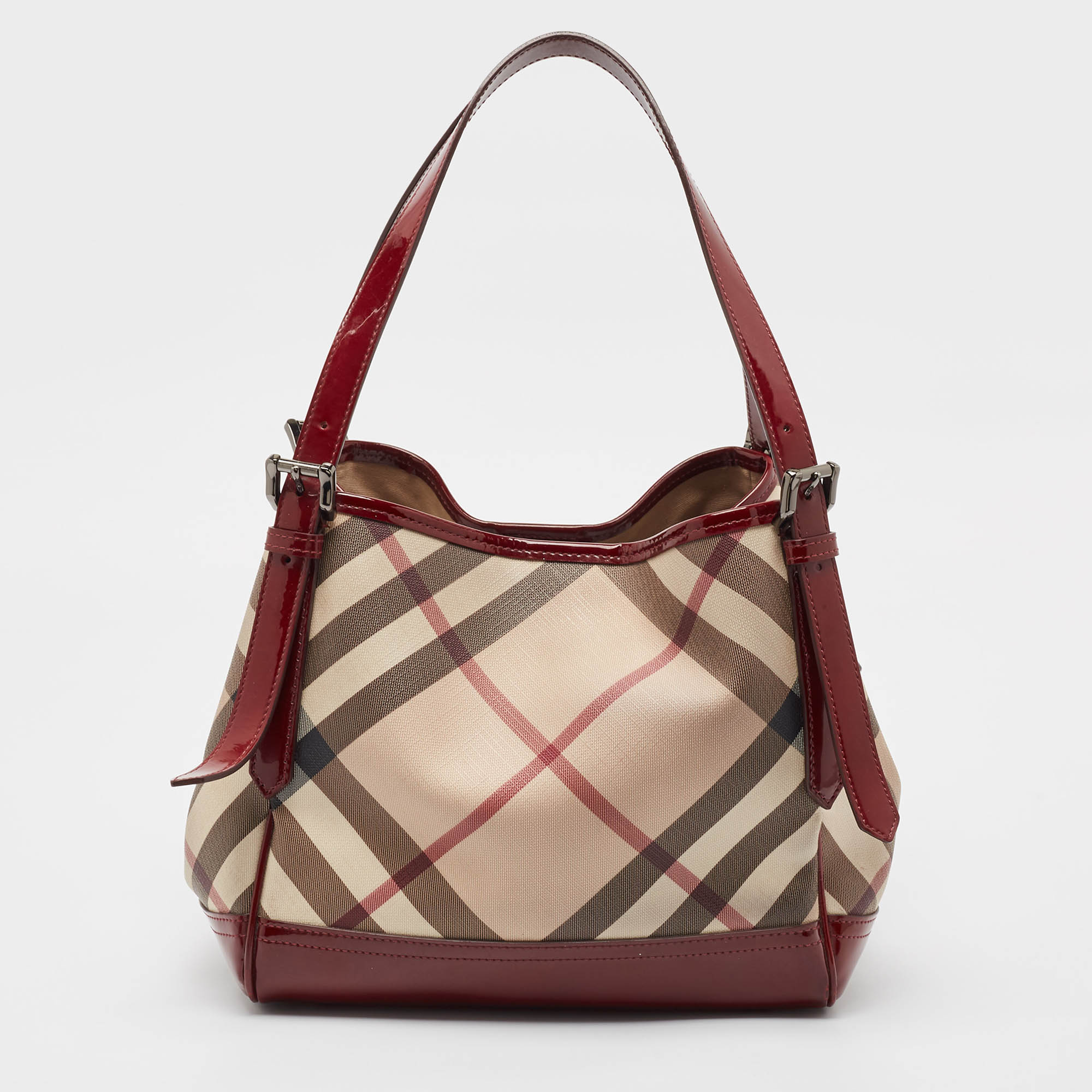 Burberry Burgundy/Beige Nova Check PVC And Patent Leather Canterbury Tote