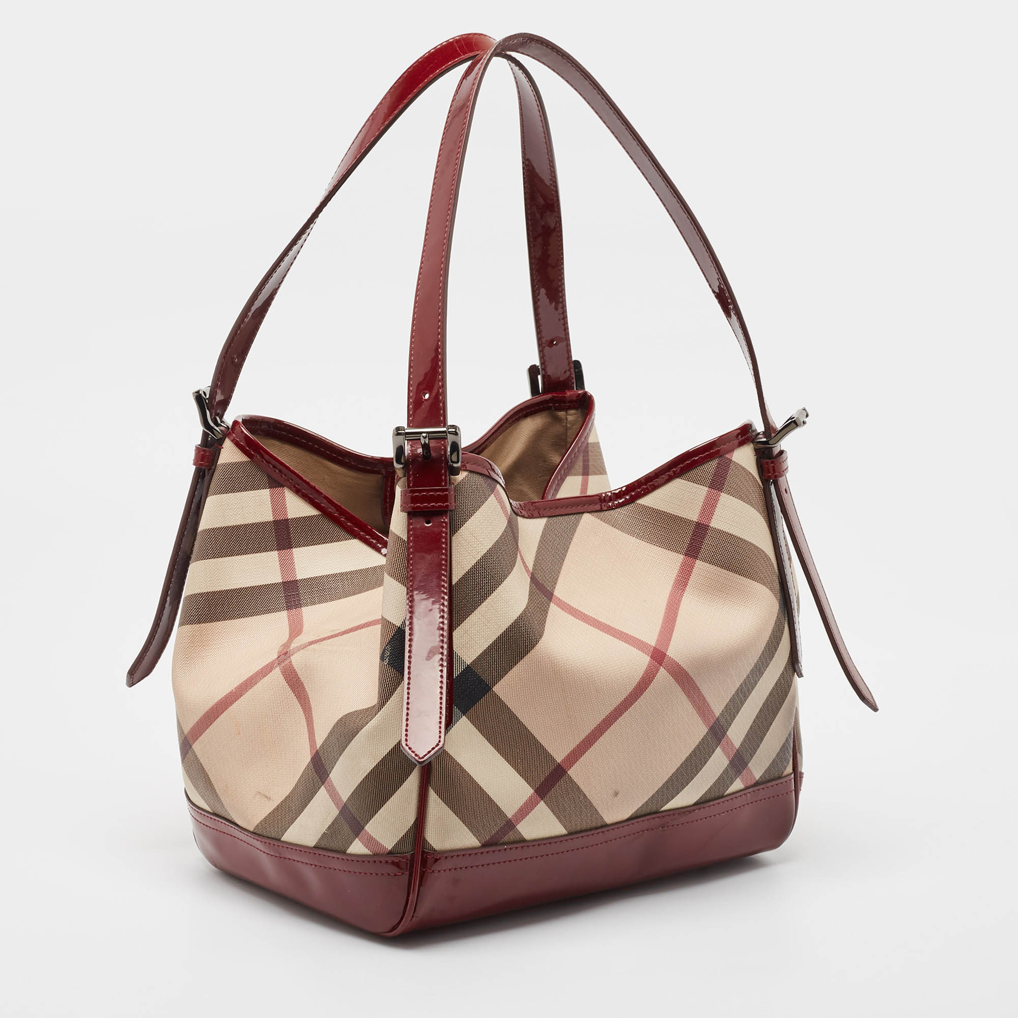 Burberry Burgundy/Beige Nova Check PVC And Patent Leather Canterbury Tote