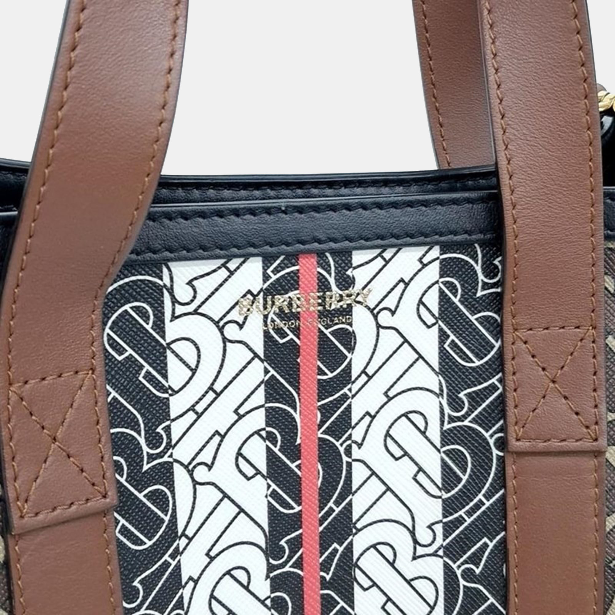 Burberry Black/Brown TB Monogram Coated Canvas, Leather Stripe Portrait Tote