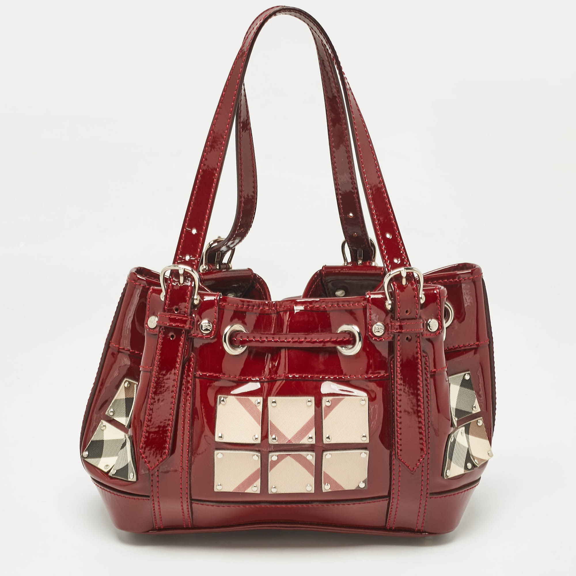 Burberry Red Nova Check Patent Leather Warrior Drawstring Tote