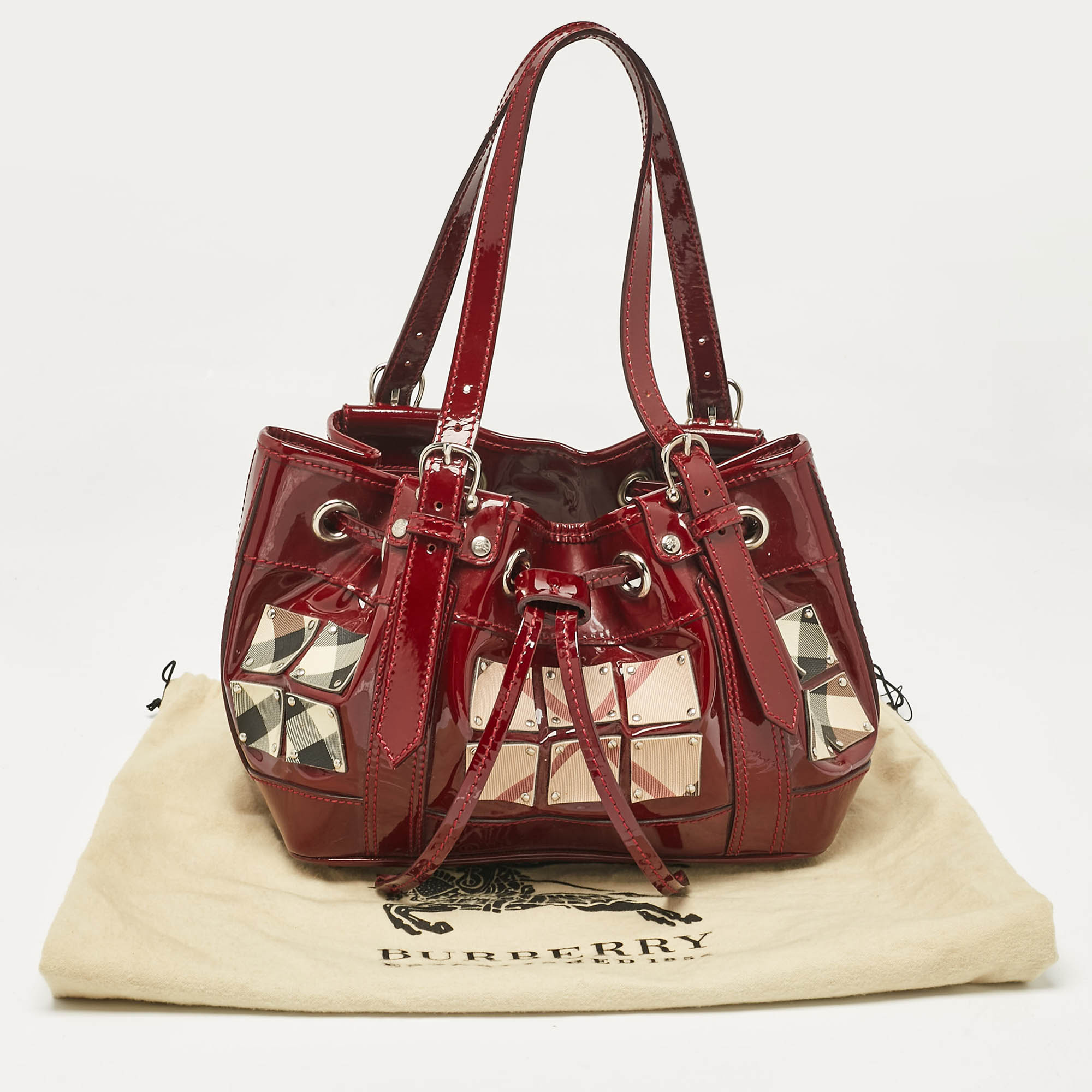 Burberry Red Nova Check Patent Leather Warrior Drawstring Tote