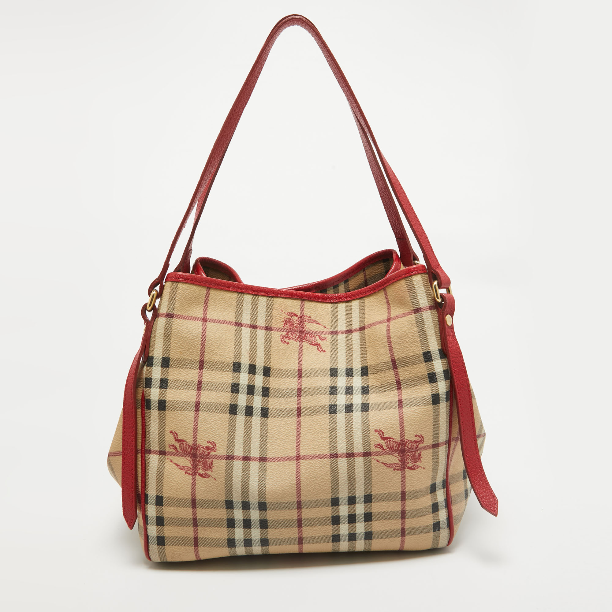 Burberry Red/Beige Haymarket Coated Canvas And Leather Canterbury Tote