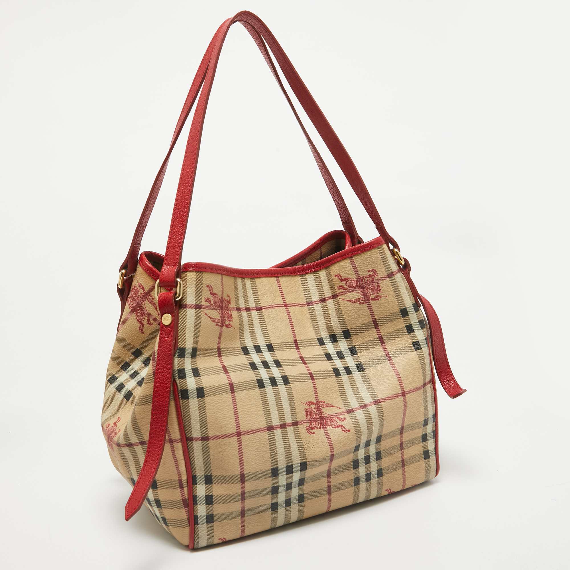 Burberry Red/Beige Haymarket Coated Canvas And Leather Canterbury Tote