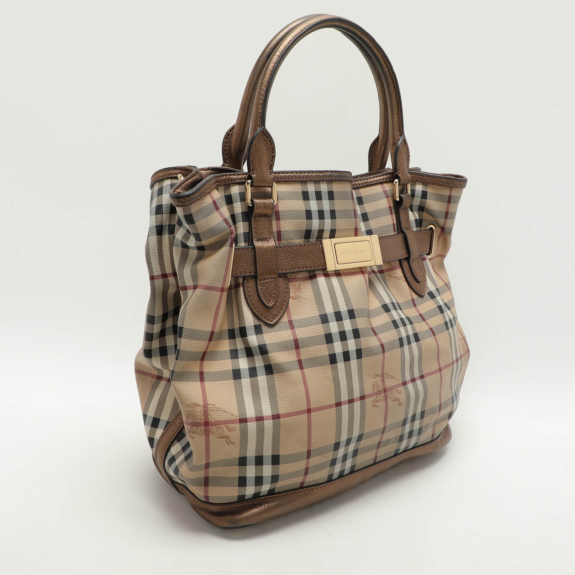 Burberry Beige/Brown Haymarket Check PVC And Leather Medium Golderton Tote