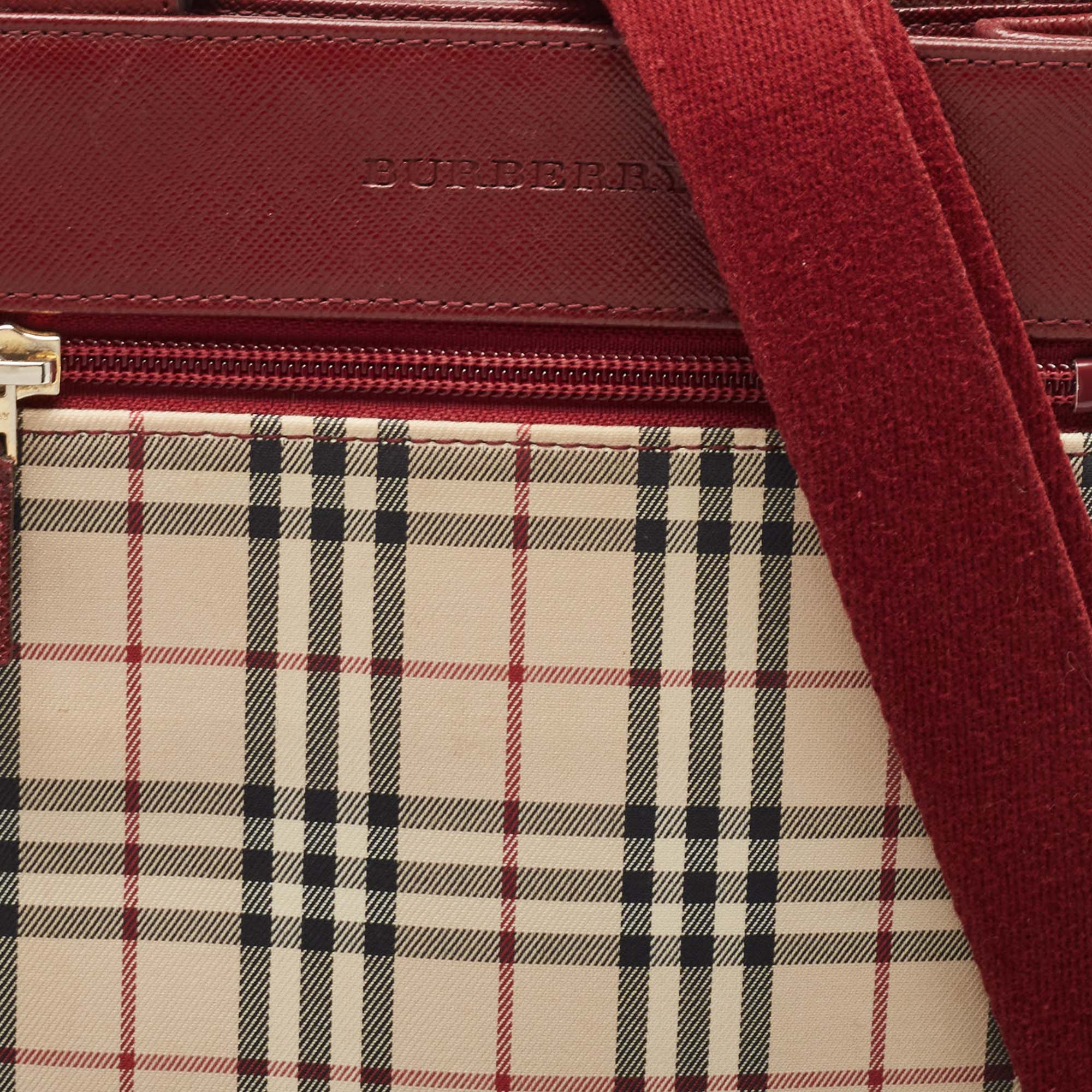 Burberry Red/Beige House Check Fabric And Leather Crossbody Bag