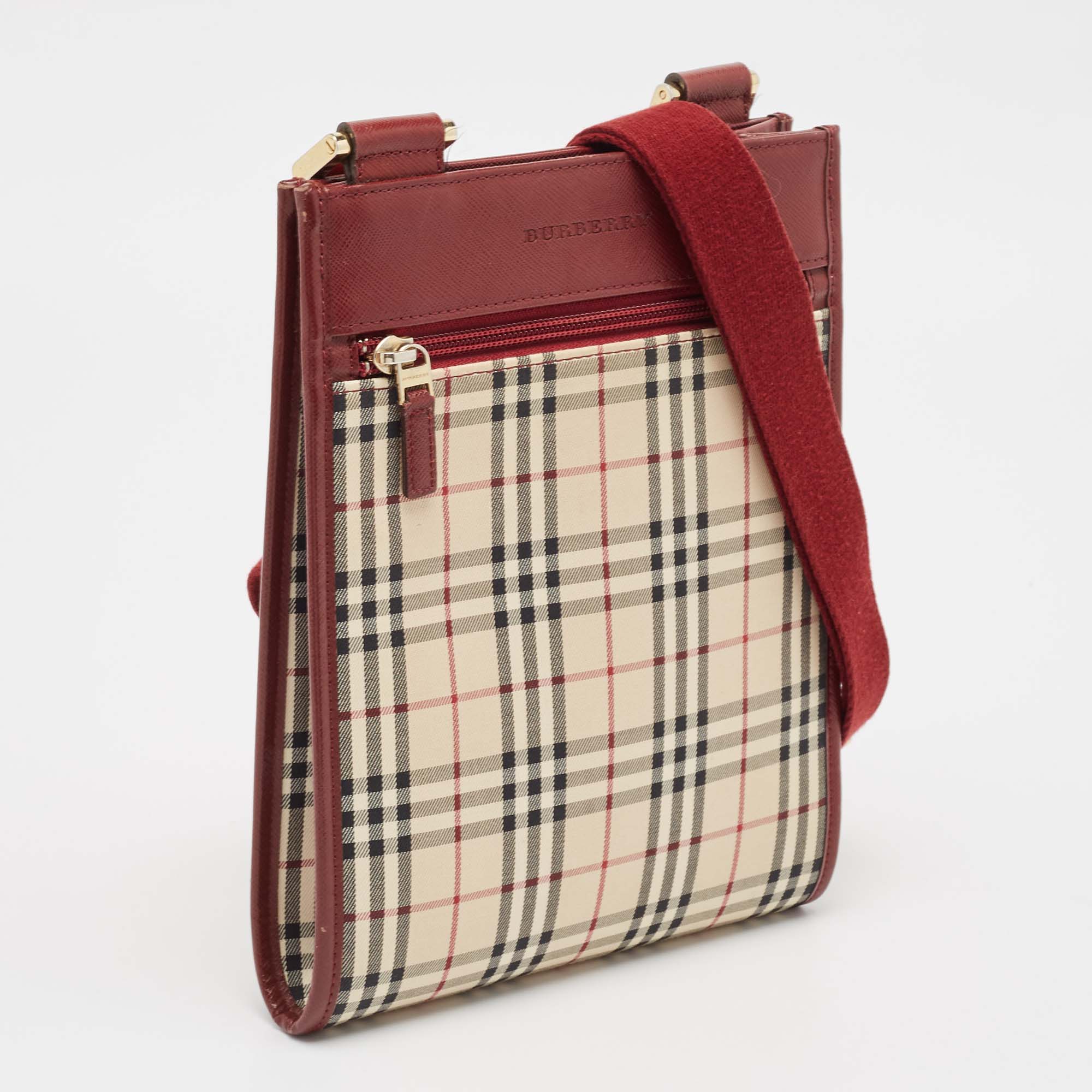 Burberry Red/Beige House Check Fabric And Leather Crossbody Bag