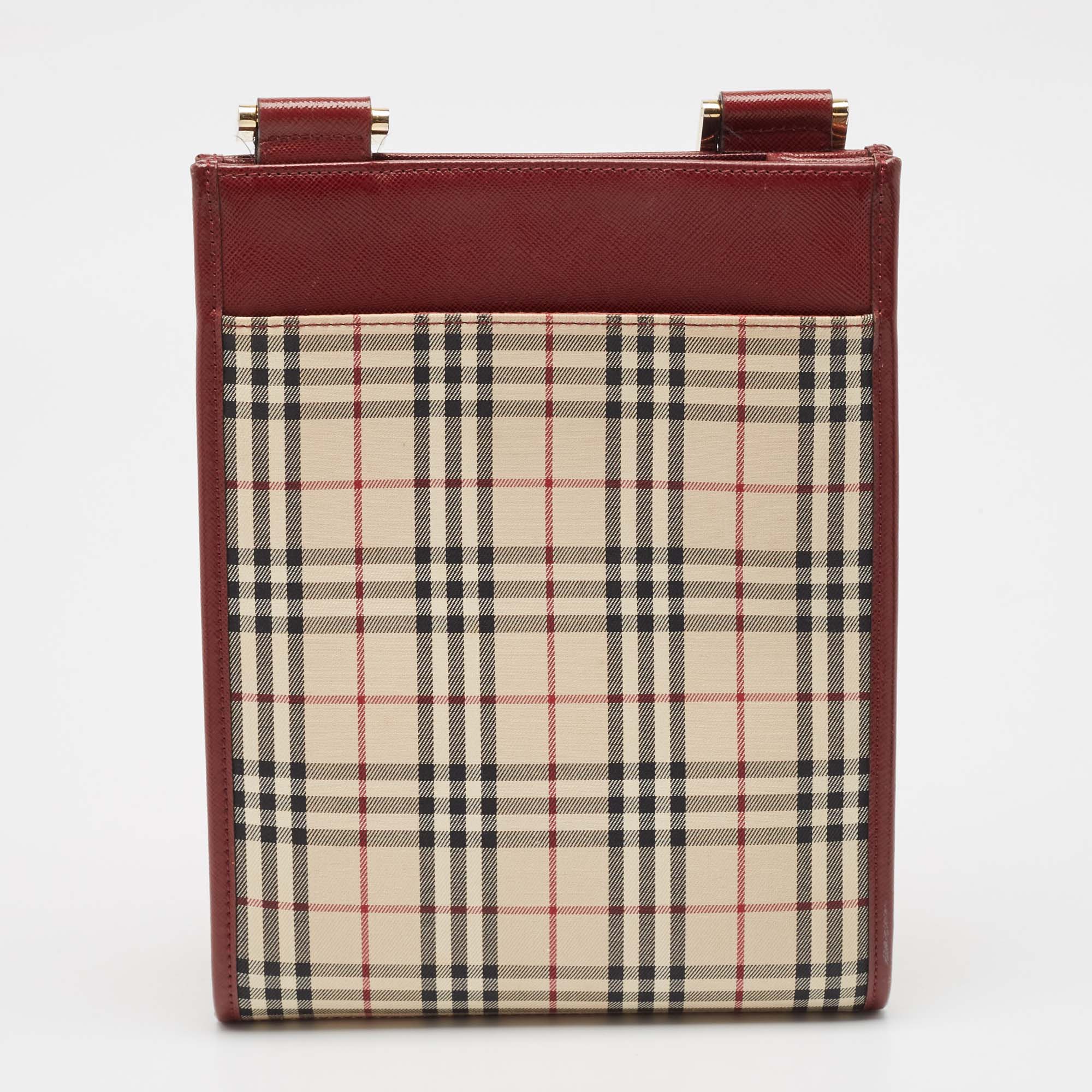 Burberry Red/Beige House Check Fabric And Leather Crossbody Bag