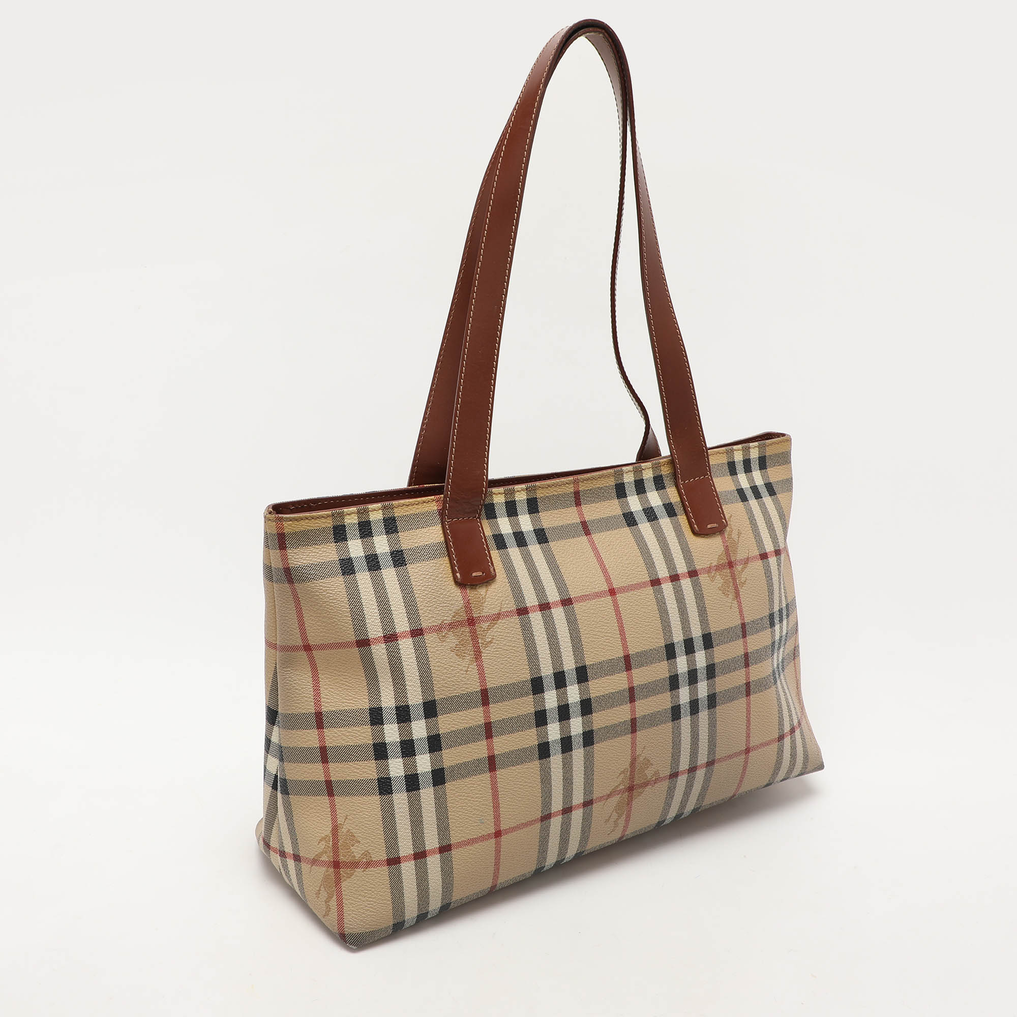 Burberry Brown/Beige Haymarket PVC And Leather Zip Tote