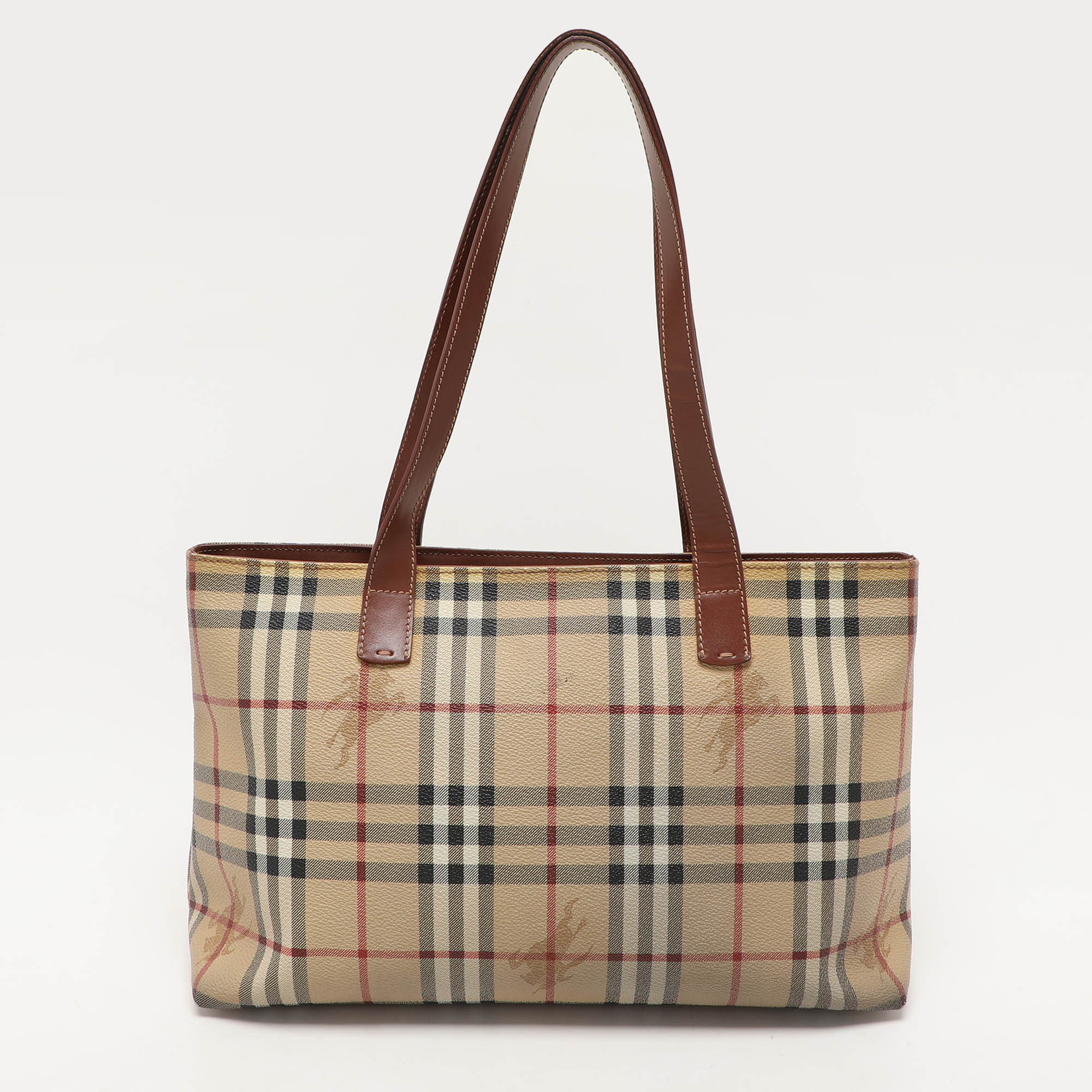 Burberry Brown/Beige Haymarket PVC And Leather Zip Tote