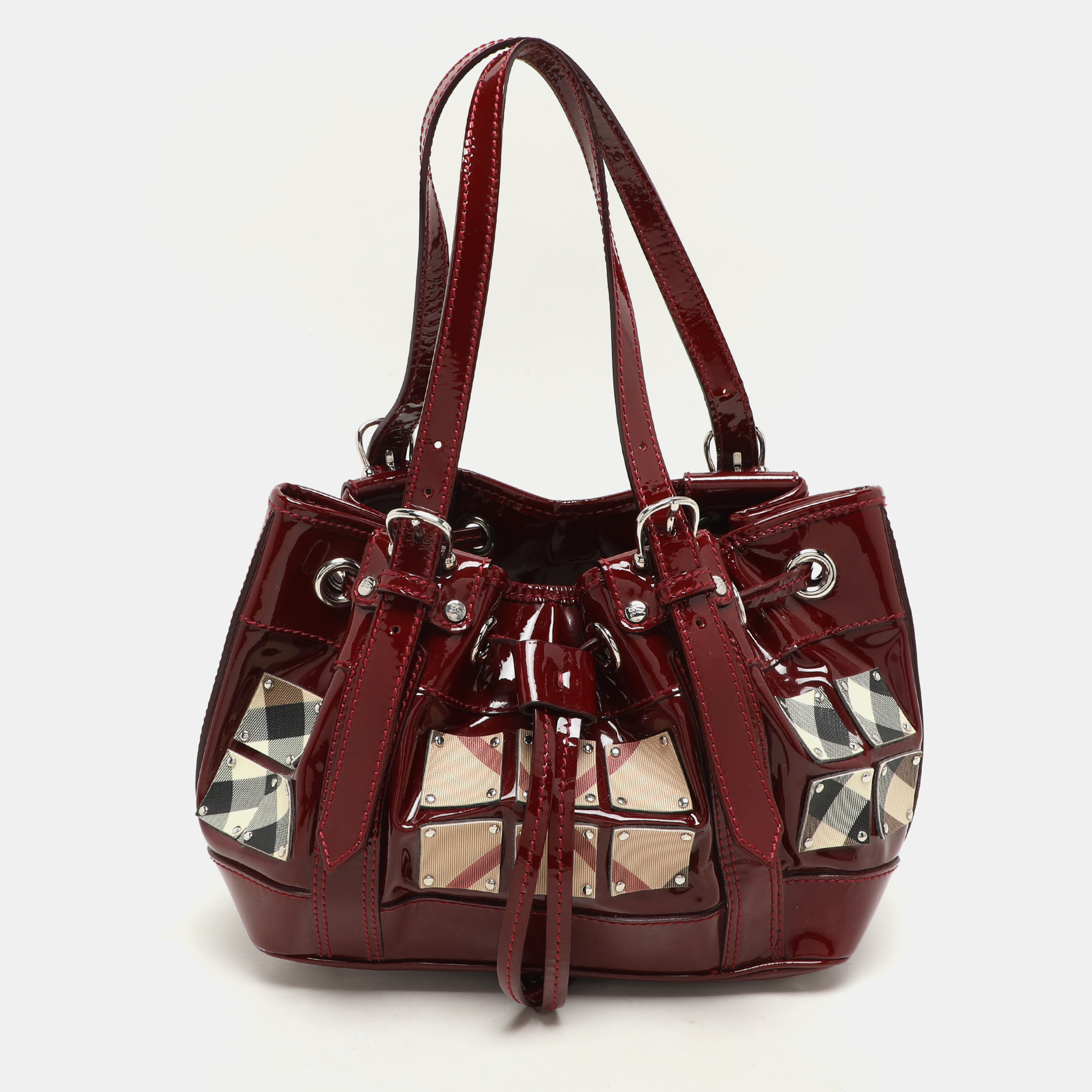 Burberry Red Nova Check Canvas and Patent Leather Small Warrior Armor Hobo
Burberry Red Nova Check Canvas and Patent Leather Small Warrior Armor Hobo
