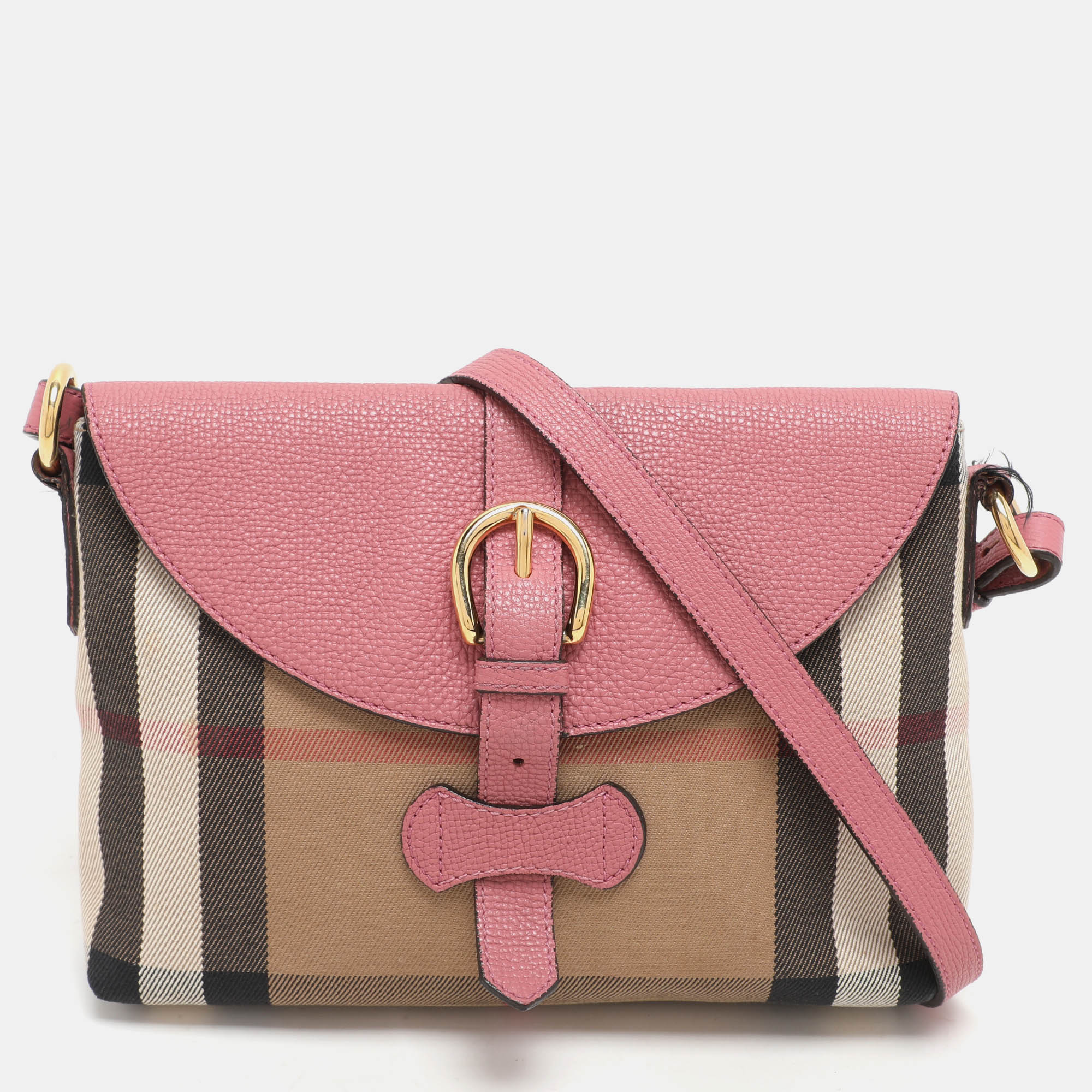 Burberry Pink/Beige Leather and House Check Canvas Horseshoe Milton Crossbody Bag
Burberry Pink/Beige Leather and House Check Canvas Horseshoe Milton Crossbody Bag