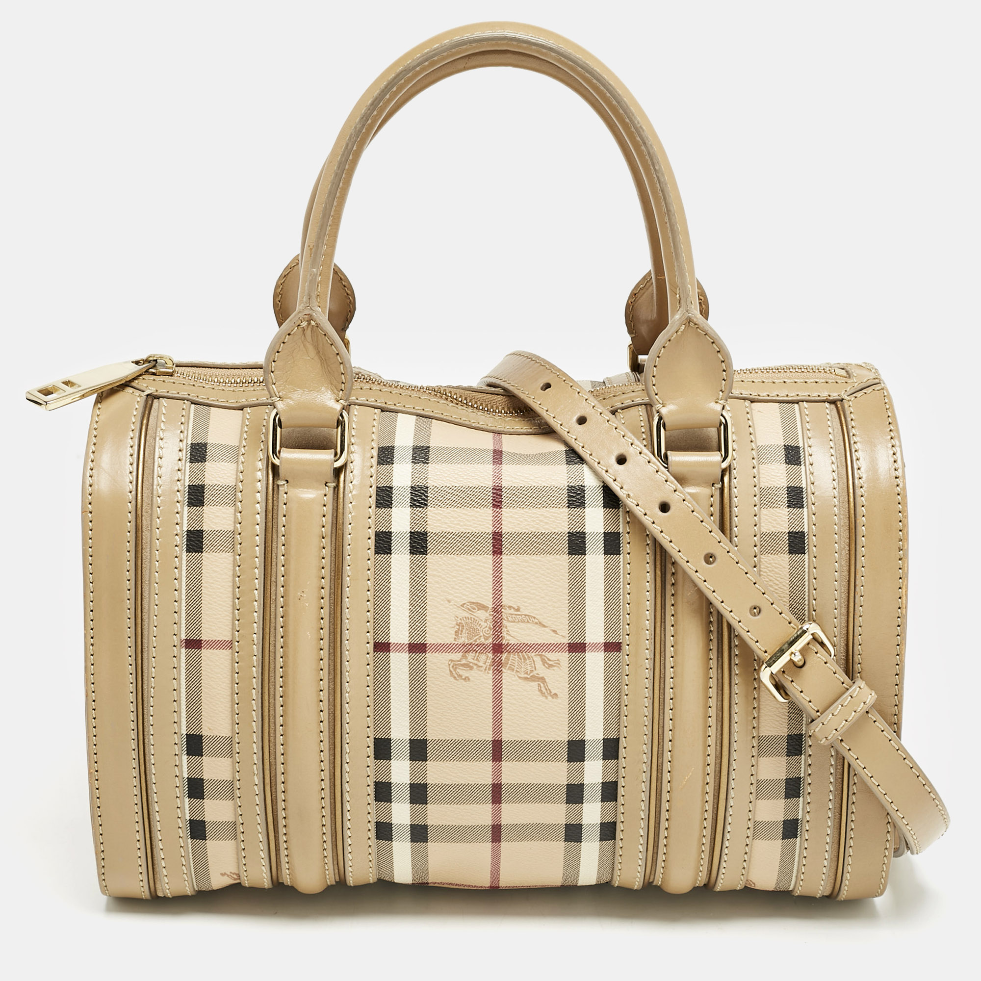 Burberry Beige Haymarket Coated Canvas and Leather Alchester Bowling Bag
Burberry Beige Haymarket Coated Canvas and Leather Alchester Bowling Bag