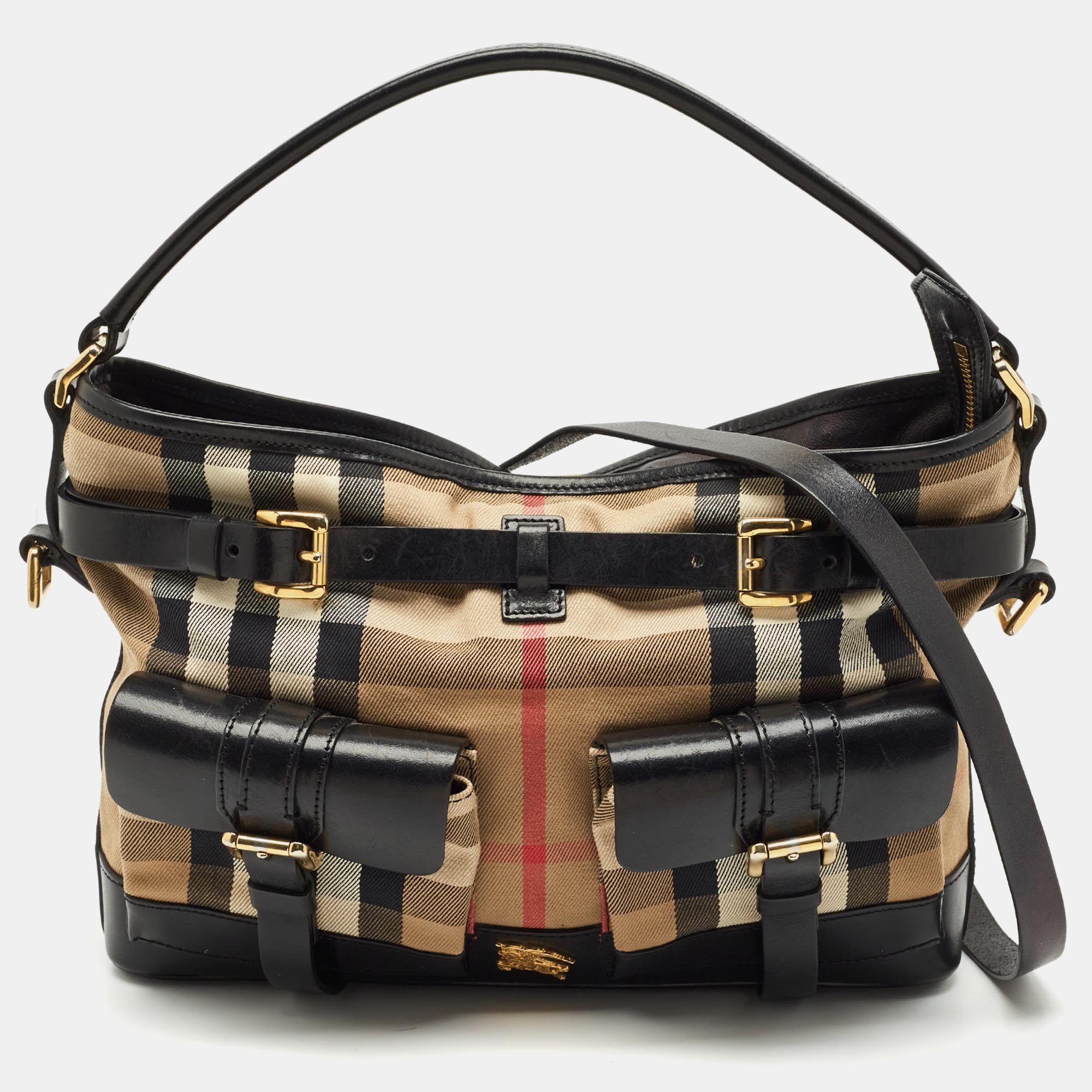 Burberry Brown/Beige House Check Canvas and Leather Double Pocket Shoulder Bag, Black
Burberry Brown/Beige House Check Canvas and Leather Double Pocket Shoulder Bag, Black