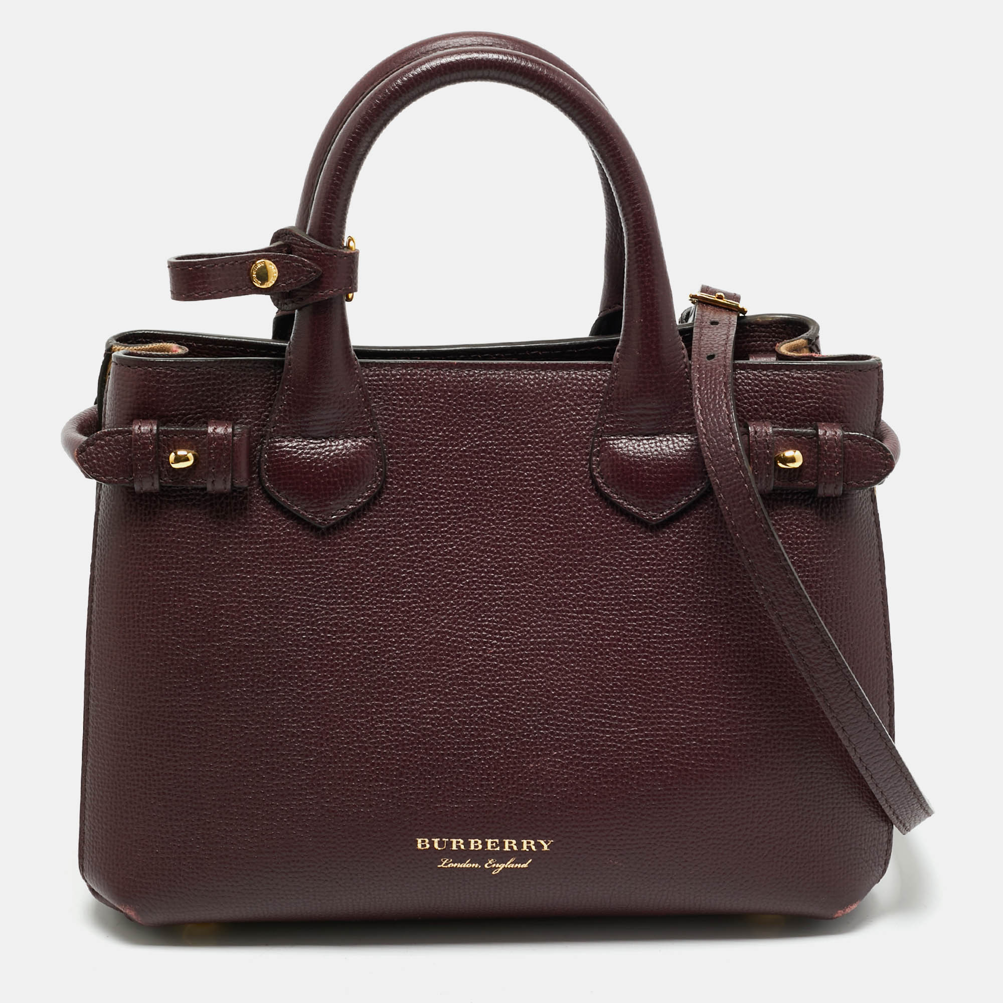 Burberry Burgundy/Beige Leather and House Check Fabric Small Banner Tote
Burberry Burgundy/Beige Leather and House Check Fabric Small Banner Tote