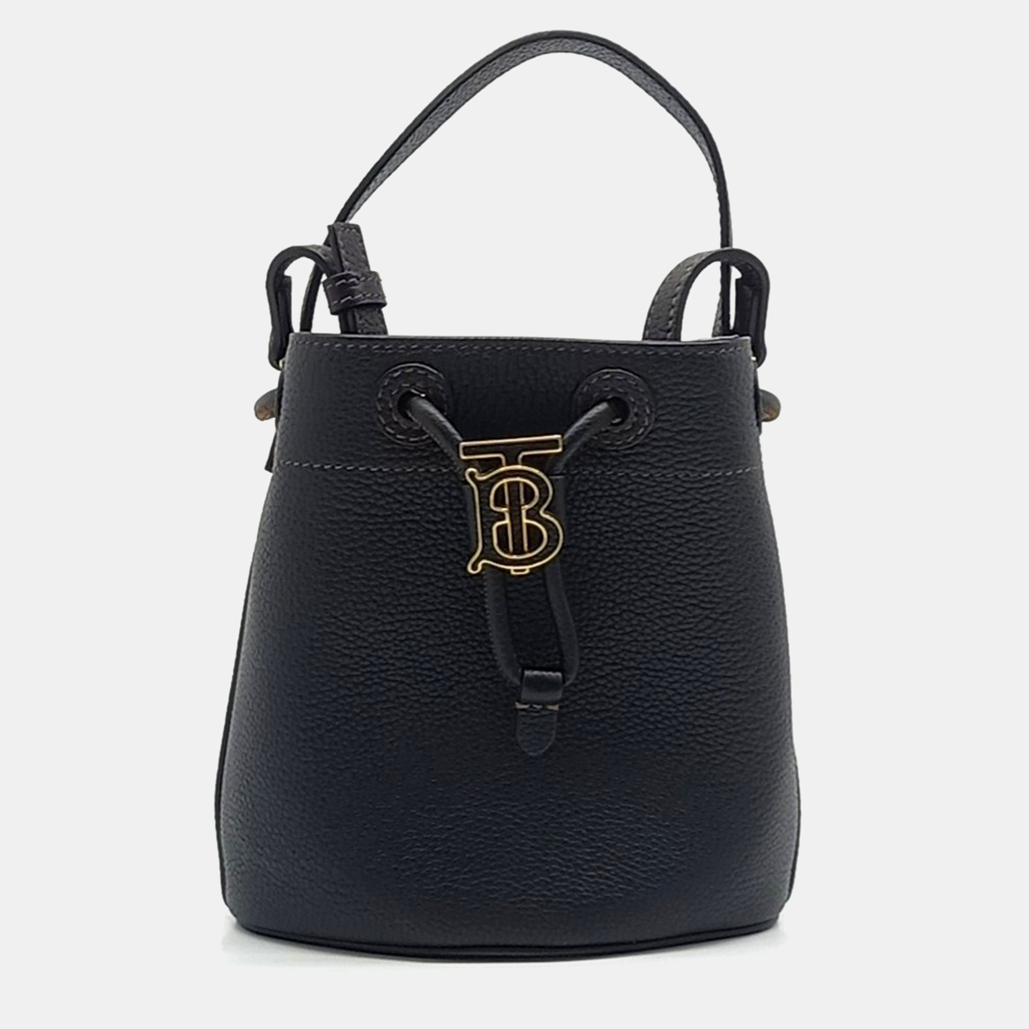 Burberry Black Leather Mini TB Bucket Bag