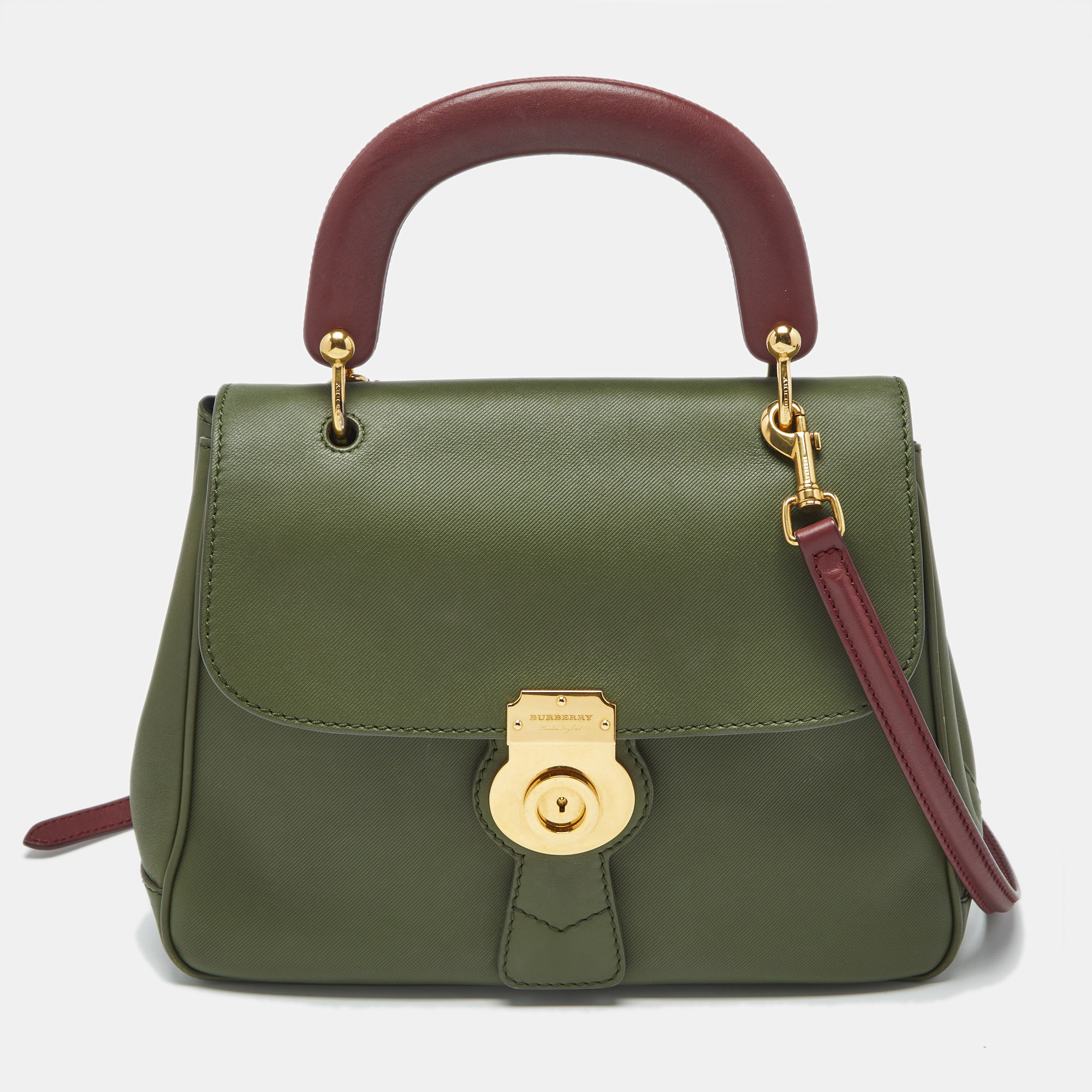 Burberry Green/Burgundy Leather Medium DK88 Top Handle Bag 
Burberry Green/Burgundy Leather Medium DK88 Top Handle Bag