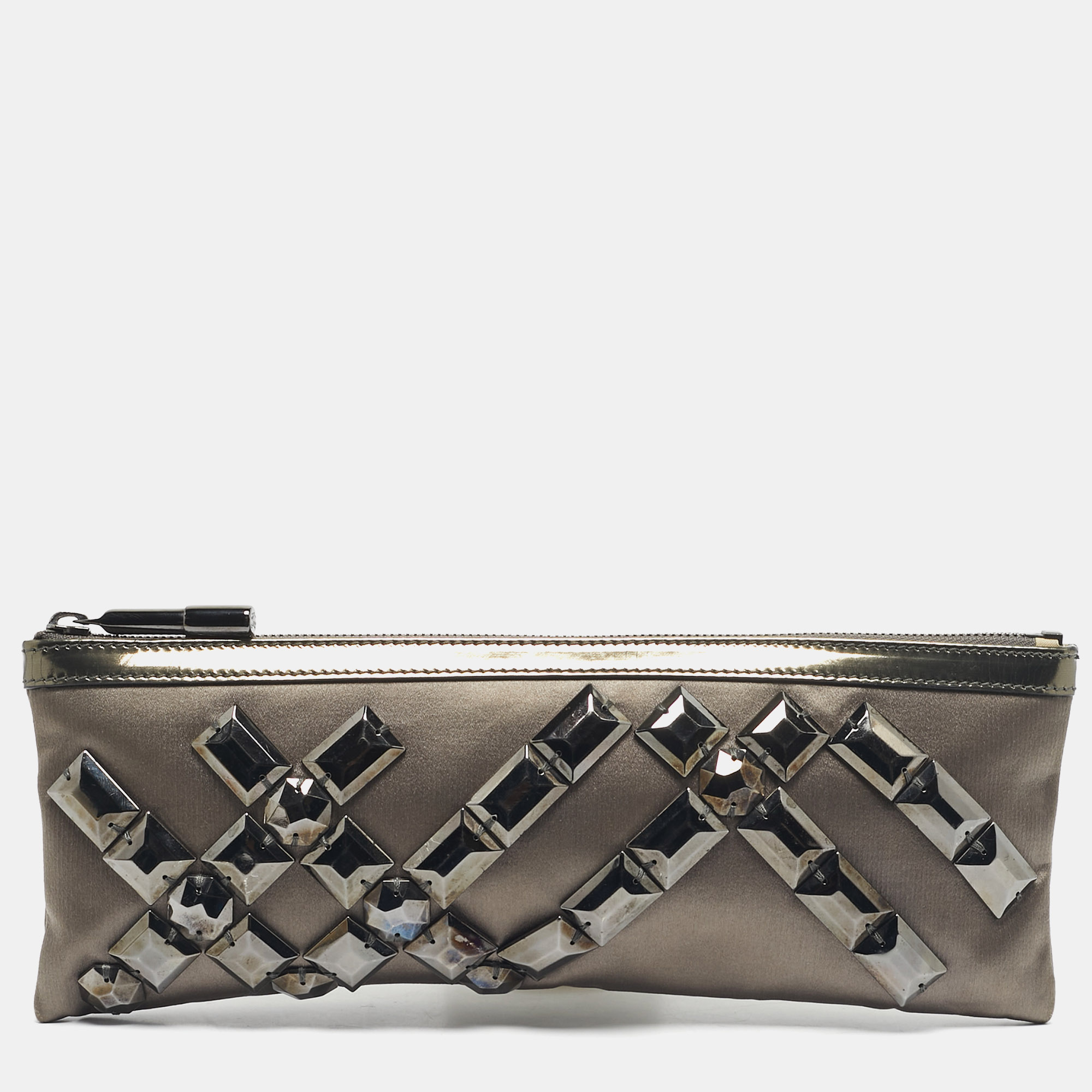 Burberry Dark Grey Satin Crystal Embellished Top Zip Clutch - Burberry - Modalova
