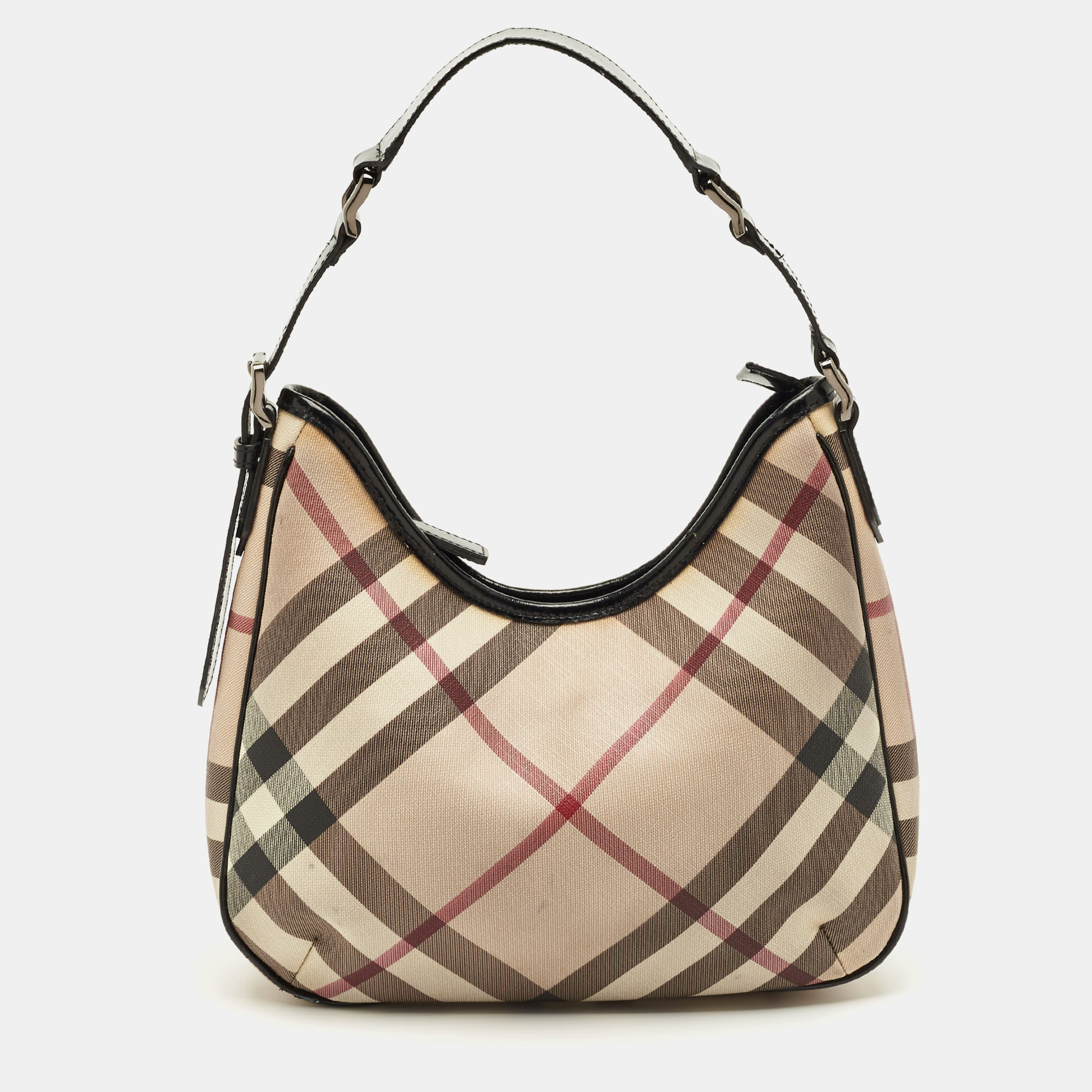 Burberry Beige/Black Nova Check PVC and Patent Leather Small Barton Hobo
Burberry Beige/Black Nova Check PVC and Patent Leather Small Barton Hobo
