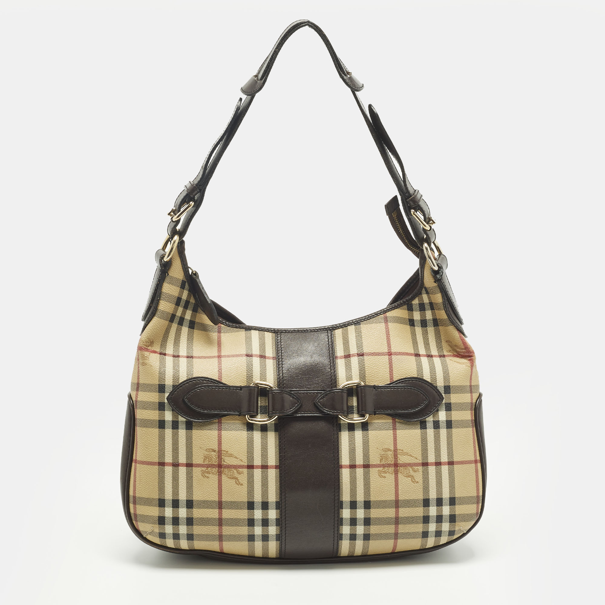 Burberry Dark Brown/Beige Haymarket Coated Canvas and Leather Hobo
Burberry Dark Brown/Beige Haymarket Coated Canvas and Leather Hobo