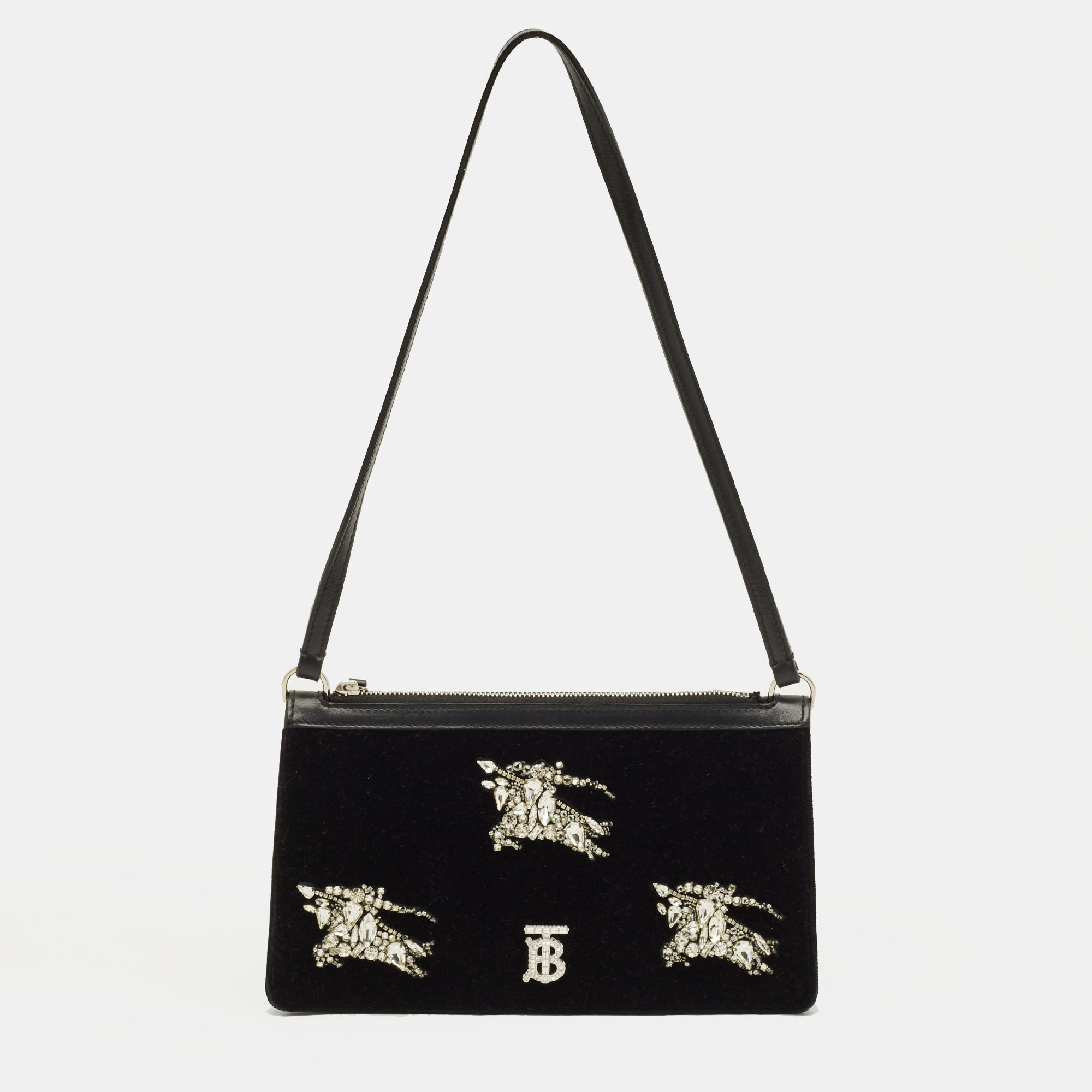 Burberry TB Crystal Black Leather and Velvet Shoulder Bag
Burberry TB Crystal Black Leather and Velvet Shoulder Bag