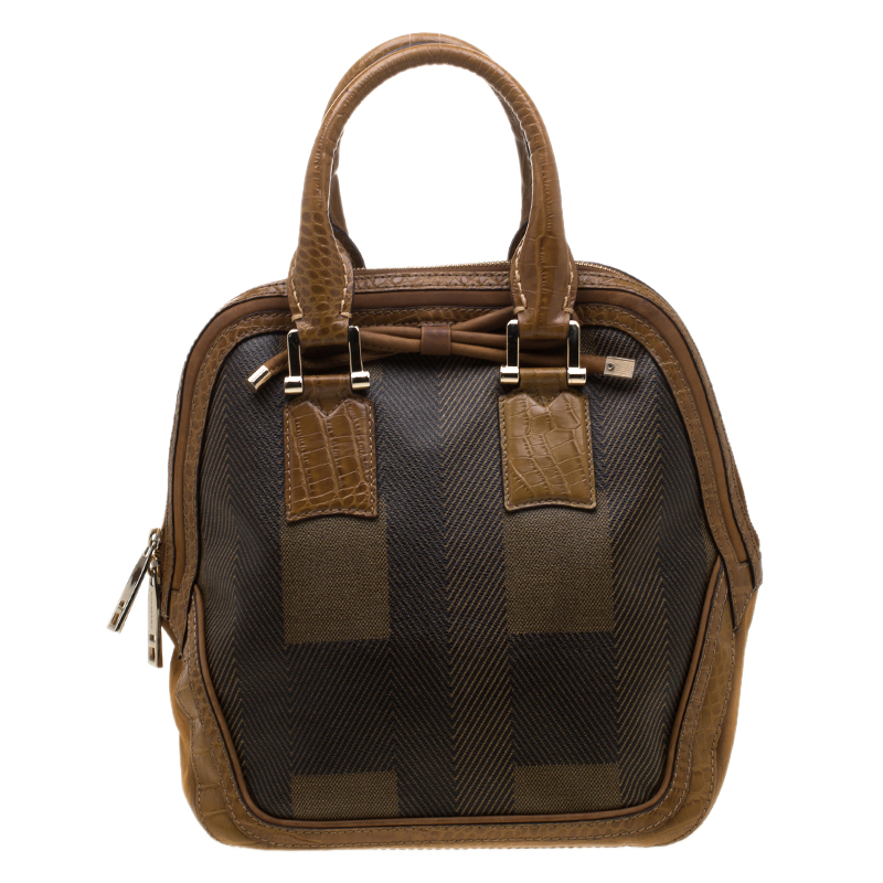 Image of Burberry Brown Coated Canvas/Nubuck and Leather Satchel