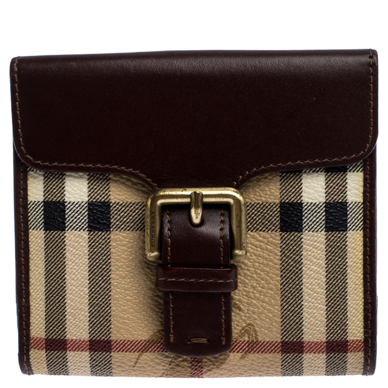 Image of Burberry Brown/Beige Hymarket PVC and Leather Buckle Wallet