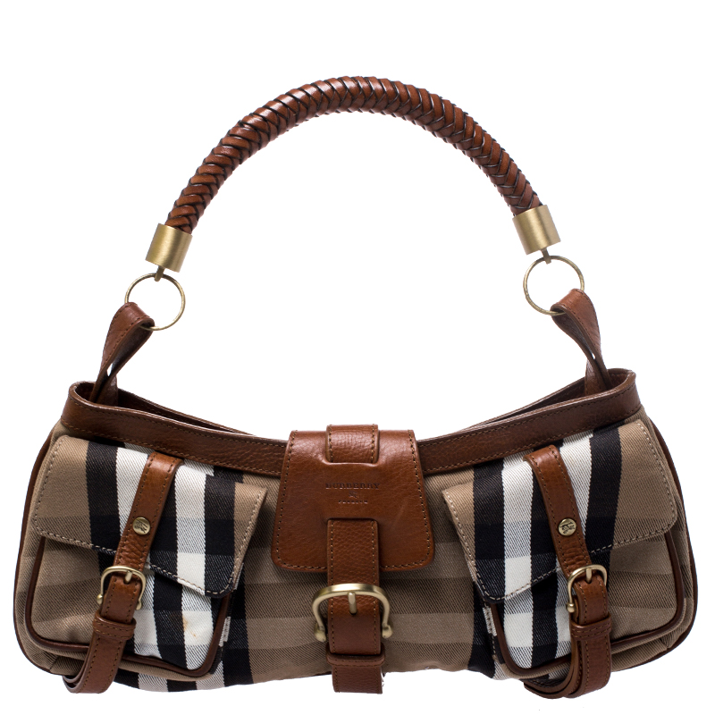 Image of Burberry Beige/Brown House Check Canvas and Leather Cinda Shoulder Bag