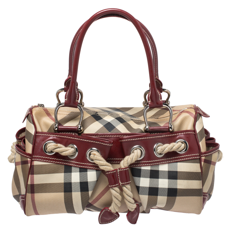 Image of Burberry Beige/Red Nova Check Canvas and Leather Nautical Satchel