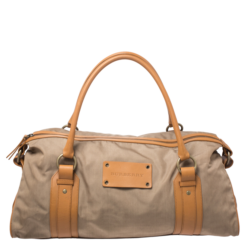 Image of Burberry Light Brown Canvas and Leather Duffle Bag