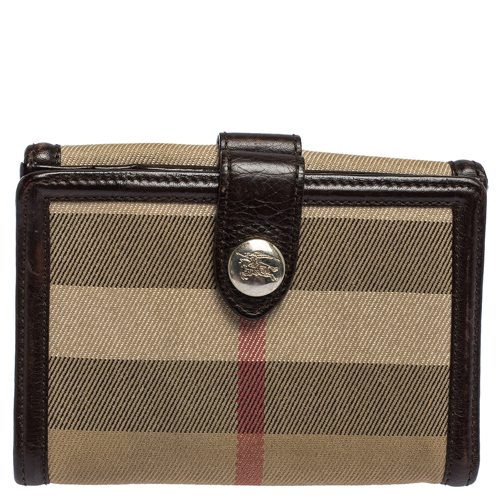 Burberry Brown/Beige Nova Check Canvas And Leather Buckle Compact Wallet
