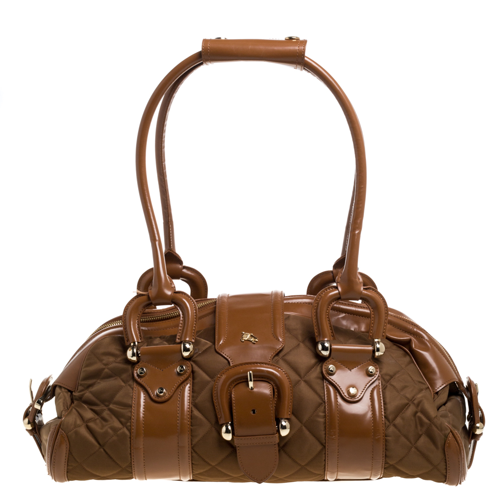 Image of Burberry Brown/Tan Nylon and Leather Large Manor Satchel