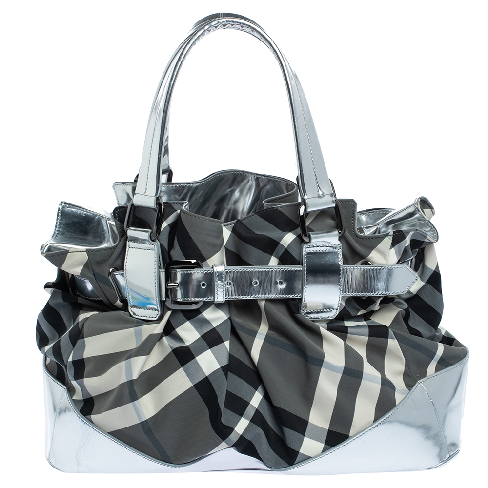Image of Burberry Silver Smoked Check Nylon and Patent Leather Belted Satchel