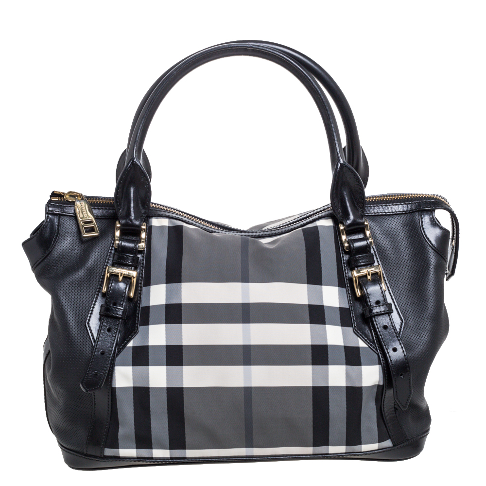 Image of Burberry Black/Grey Beat Check Nylon and Leather Satchel