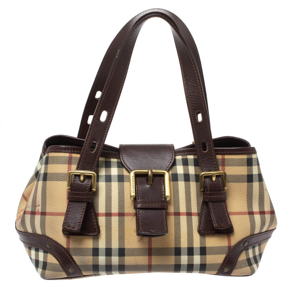 Image of Burberry Beige/Brown Haymarket Check PVC and Leather Buckle Satchel