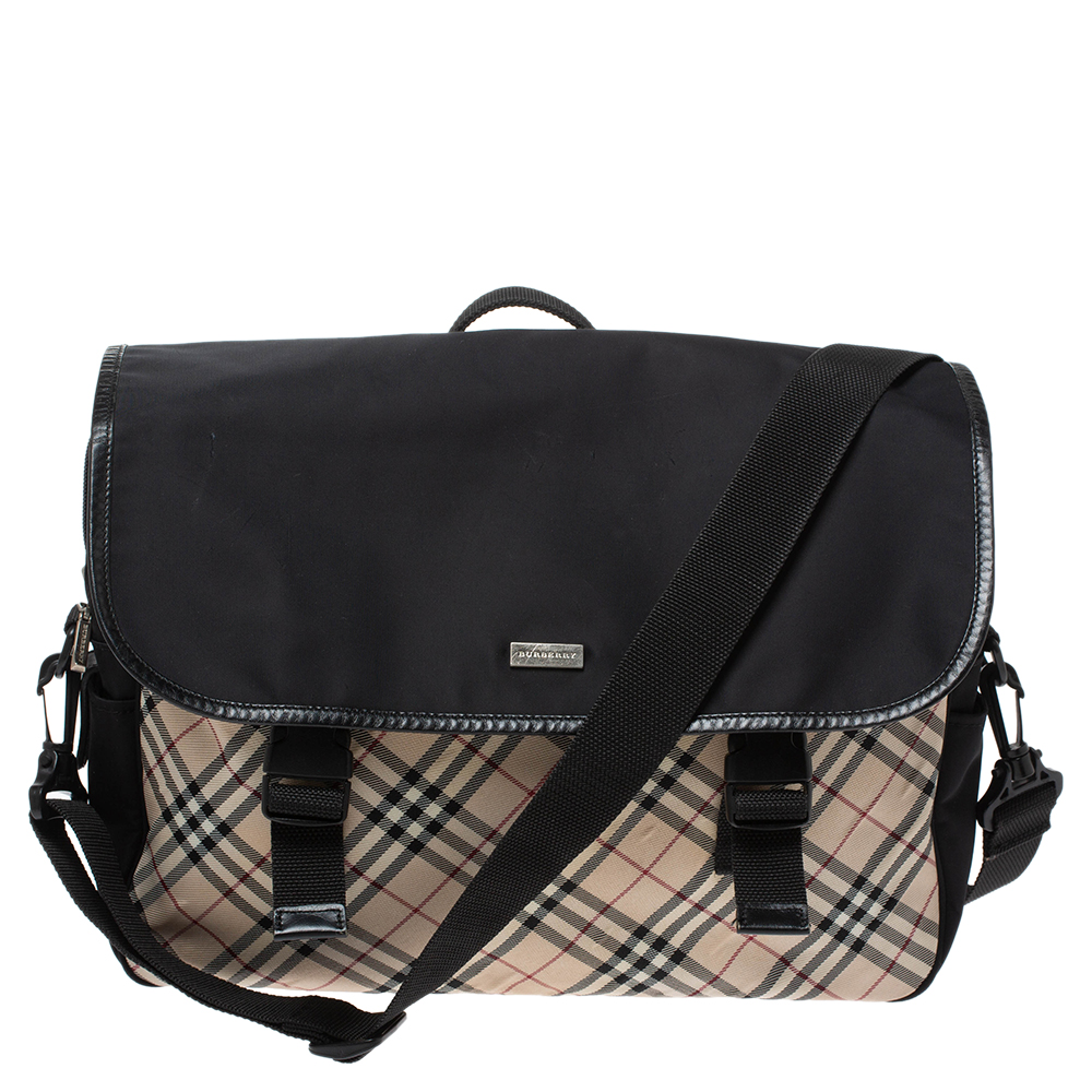 Image of Burberry Black/Beige House Check Nylon Flap Messenger Bag
