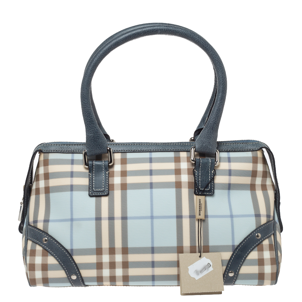 Image of Burberry Blue Nova Check PVC and Leather Zip Satchel