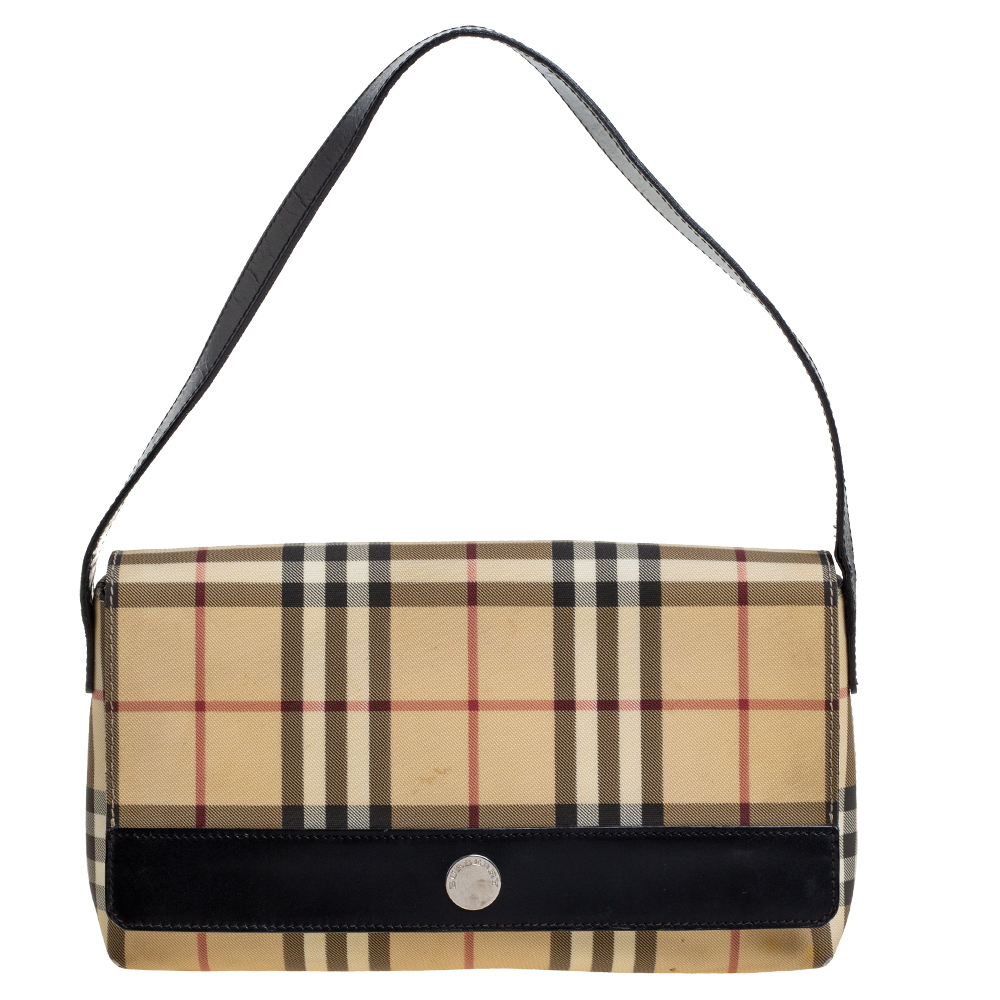 Image of Burberry Beige/Black Nova Check Coated Canvas and Leather Flap Shoulder Bag
