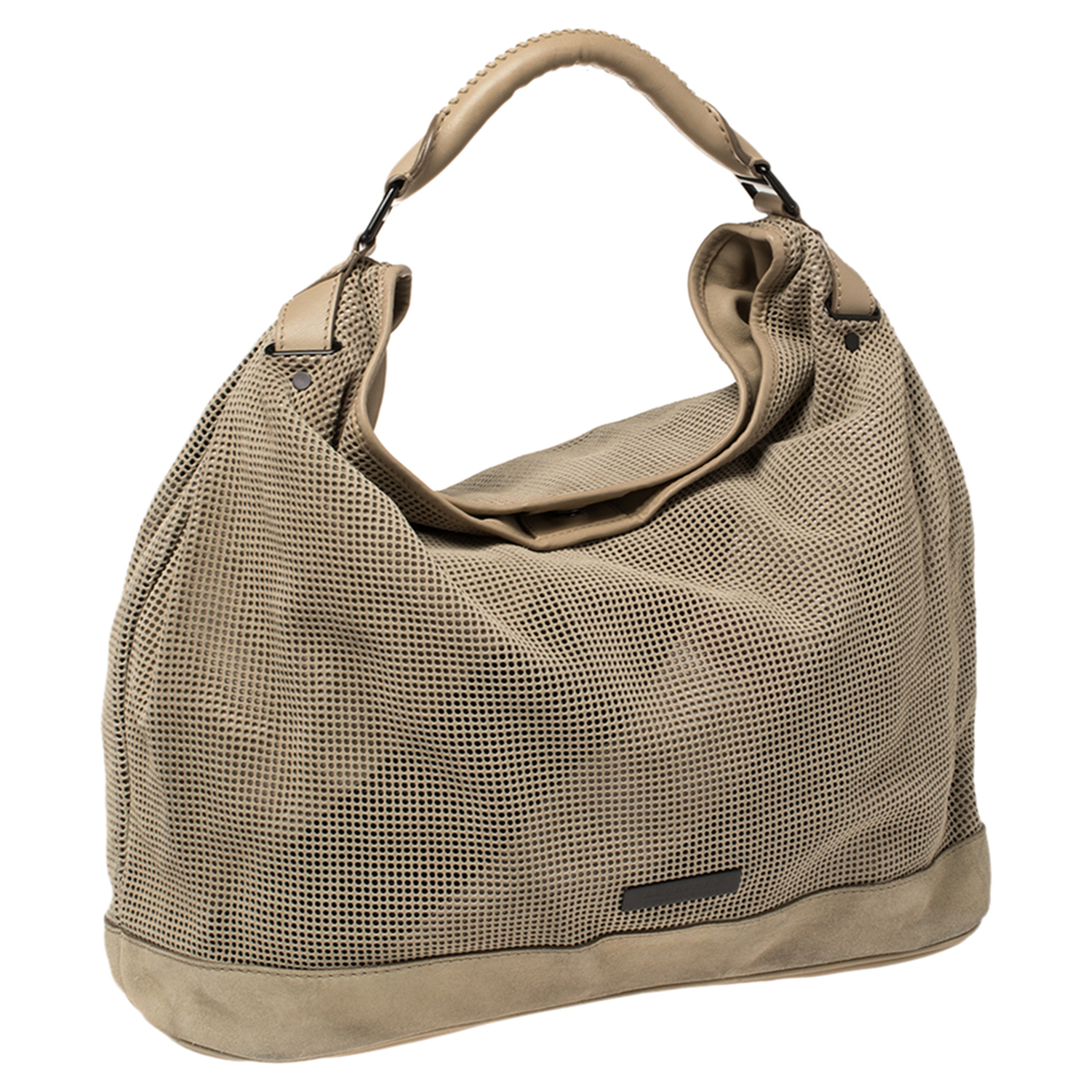 Burberry Beige Perforated Suede And Leather Oversized Hobo