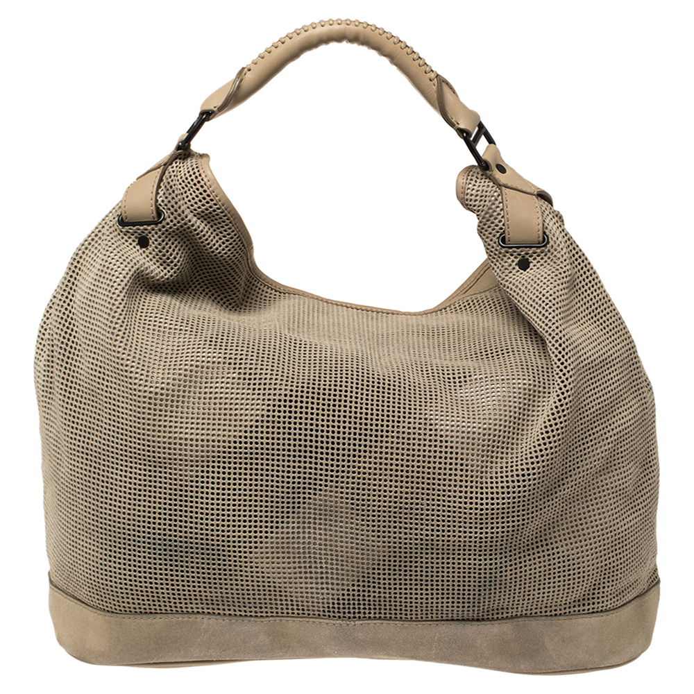 Burberry Beige Perforated Suede And Leather Oversized Hobo
