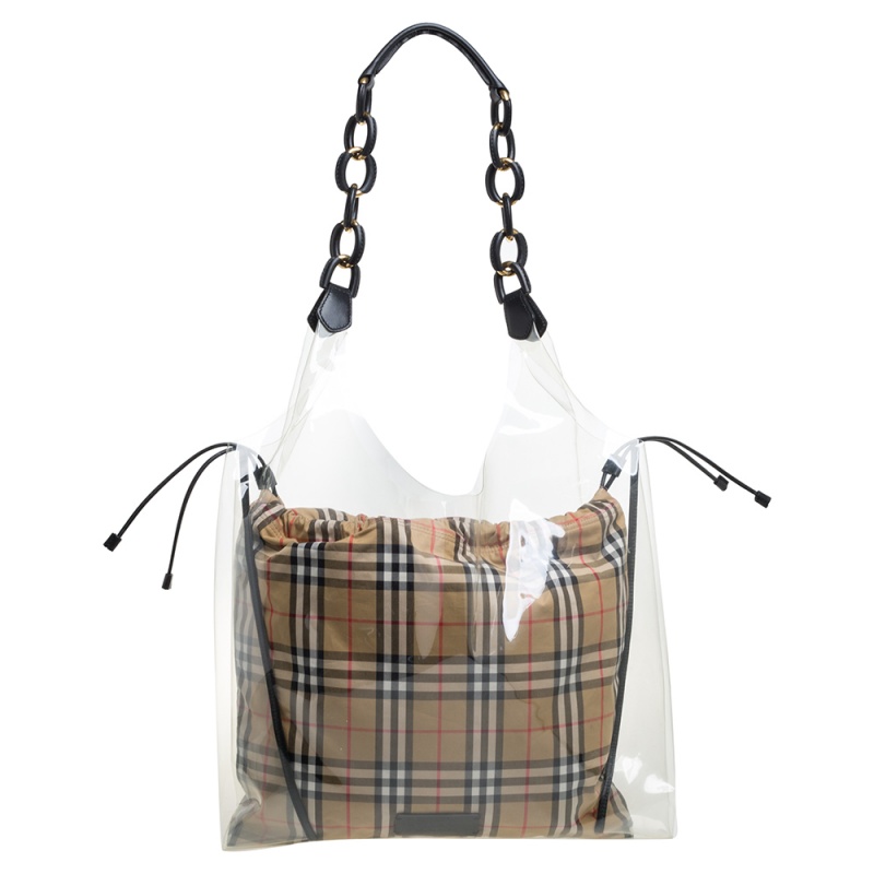Image of Burberry Transparent/Beige Plastic And Leather Shopper Bag