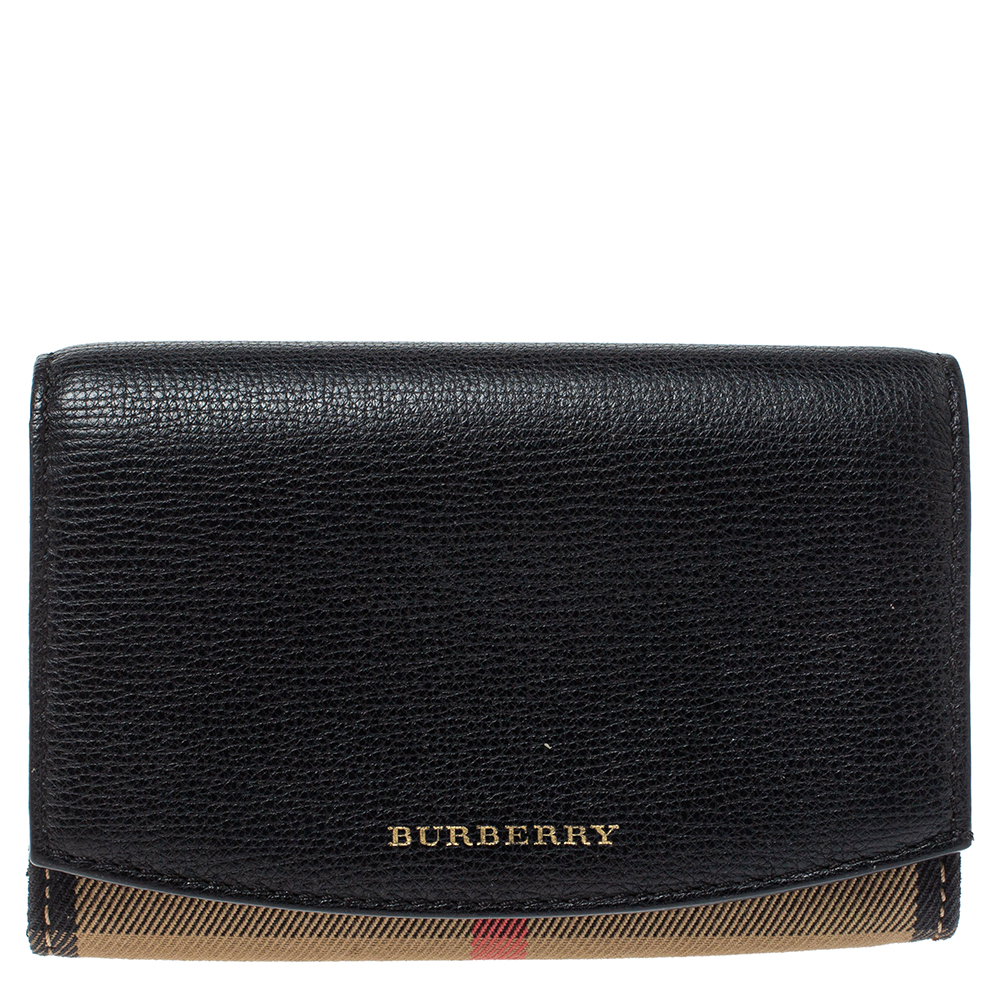 Image of Burberry Beige/Black House Check Canvas and Leather Flap Wallet