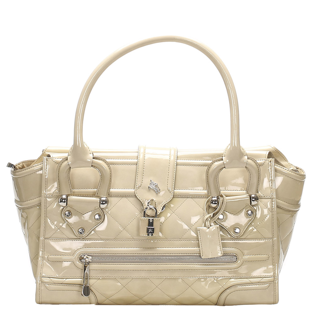 Image of Burberry Beige Patent Leather Quilted Top Handle Bag