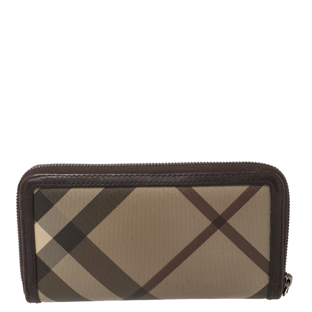 Image of Burberry Beige/Brown Smoked Check Coated Canvas and Leather Zip Around Wallet